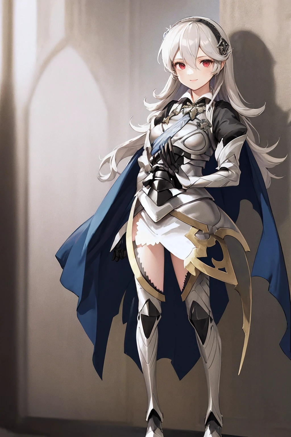 masterpiece, best quality, defCorrin, black hairband, armored dress, blue cape, puffy sleeves, juliet sleeves, vambraces, black gloves, armored legwear, upper body, looking at viewer, castle, gothic architecture, smile, sky, clouds, hands to heart full body, standing,full body, pantd, boots,