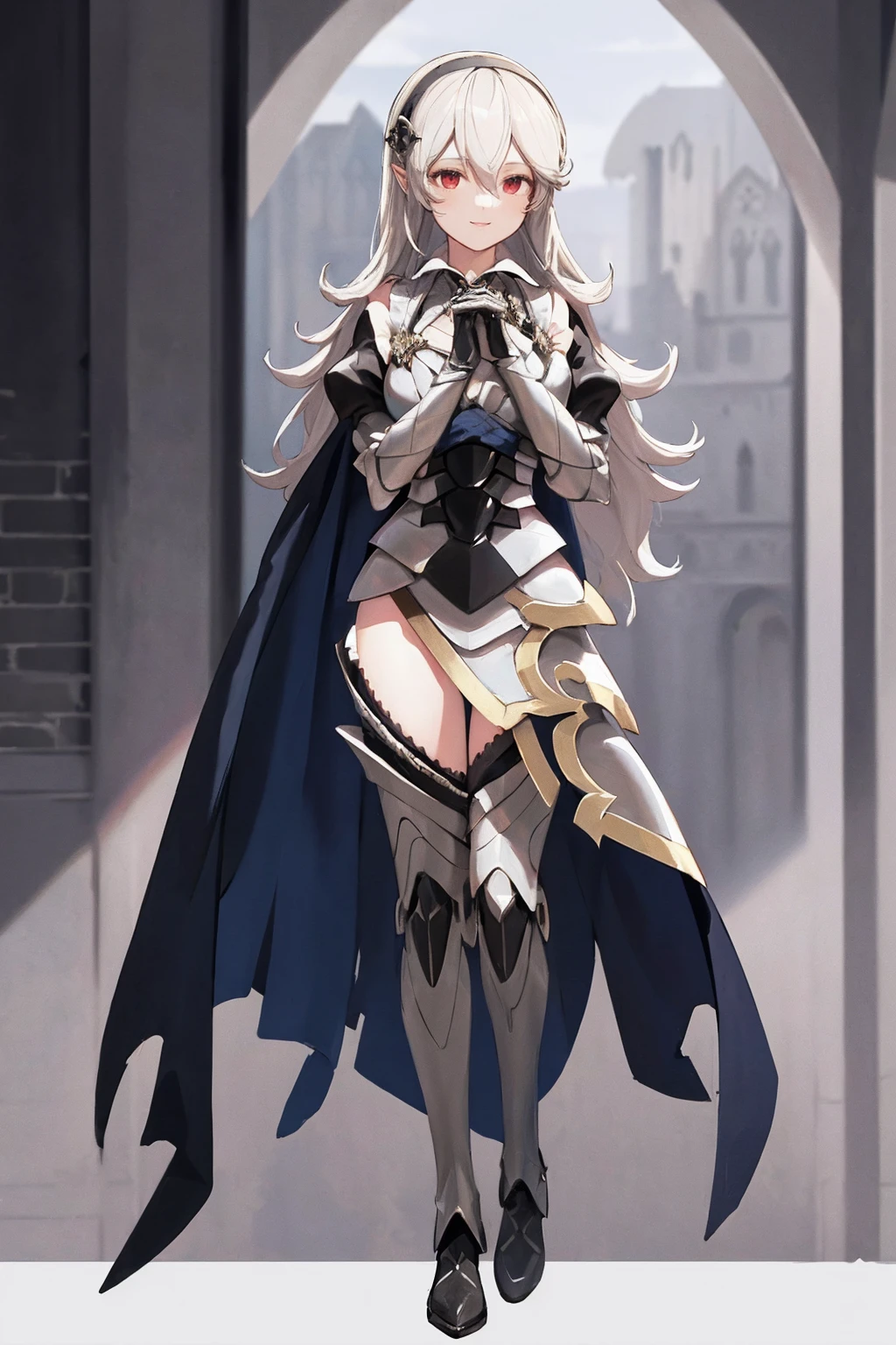 masterpiece, best quality, defCorrin, black hairband, armored dress, blue cape, puffy sleeves, juliet sleeves, vambraces, black gloves, armored legwear, upper body, looking at viewer, castle, gothic architecture, smile, sky, clouds, hands to heart full body, standing,full body, pantd, boots,