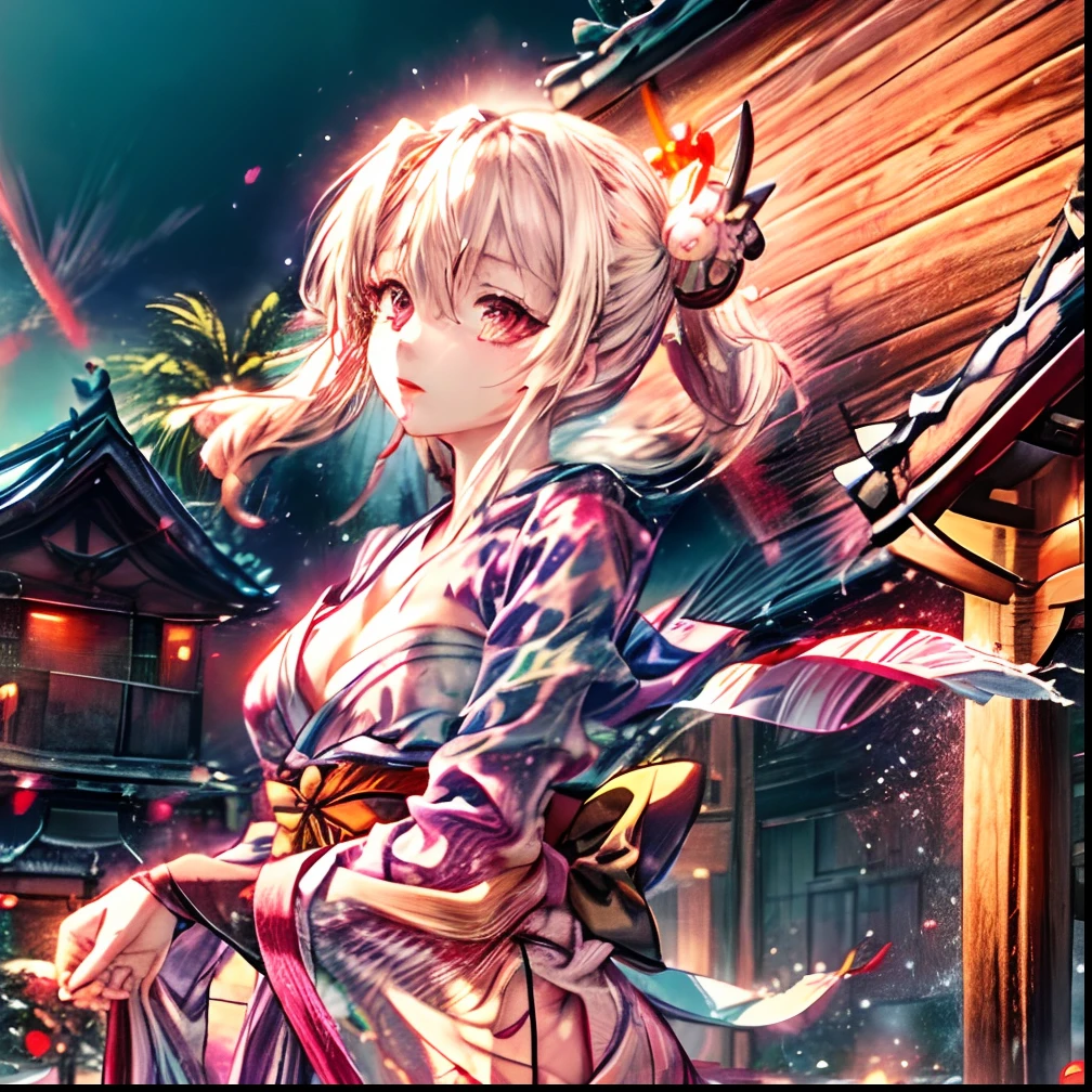 A busty girl was wearing a soaked kimono .(masterpiece), best quality, expressive eyes, perfect face, 8K, perfect details, firework background, wood background, shrine building