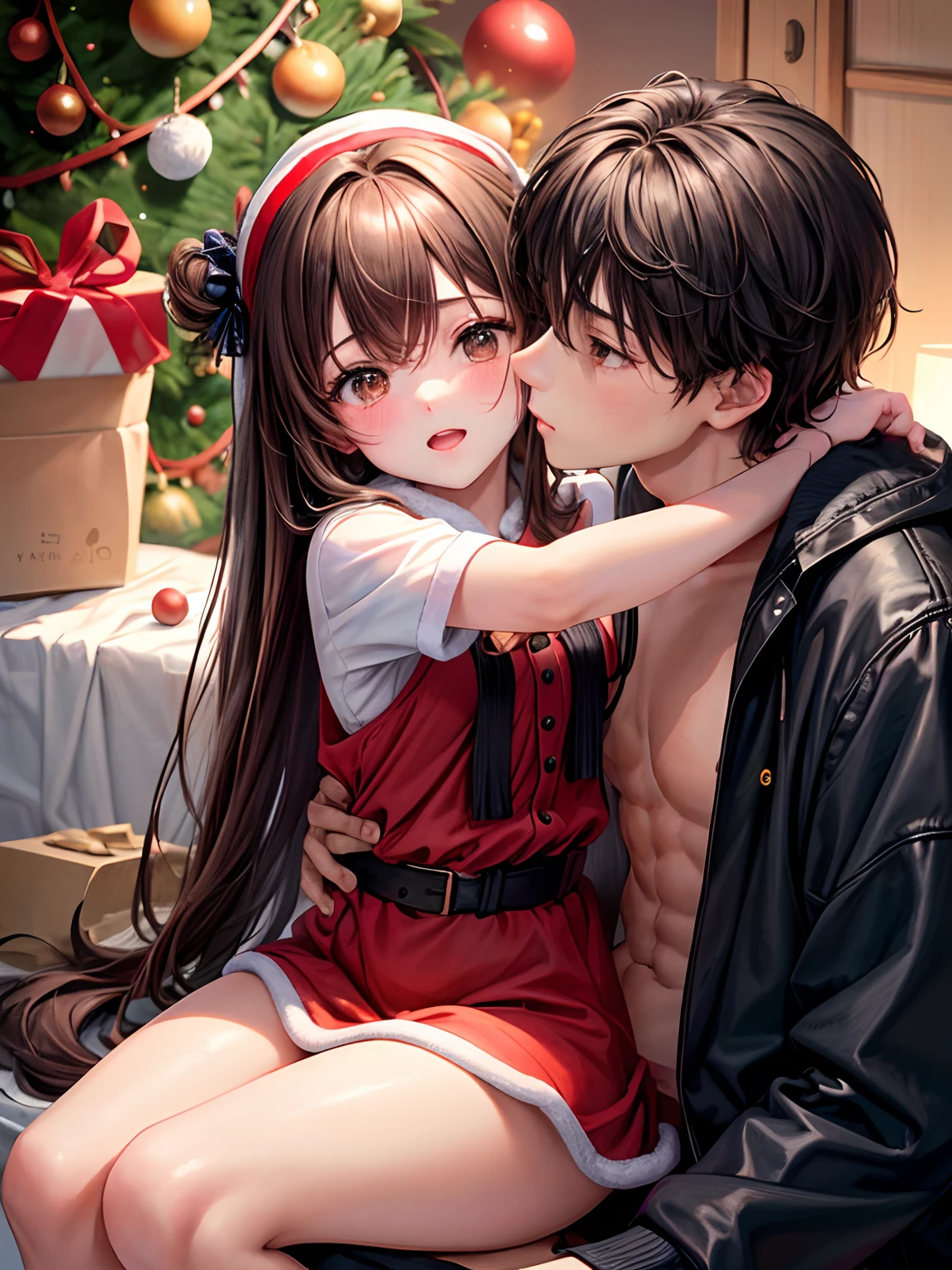 1womanl、1male people、Brown hair、Brown eyes、Best Quality、ultra-detailliert、8 Resolution、Raw photo、masutepiece、Perfect body、high-level image quality、top-quality、Detailed drawing、Vibrant colors、18year old、cute little、up of face、Christmas、Girl dressed as Santa Claus、seductive boobs、Male and female couples、girl sitting on a boy's lap。Girl straddling a boy。Mash Cut Boys。Boy's provocative gaze、The girl has a shy look、 Blushing,Loving_SEX,Hugging each other naked、lovey-dovey、Flirting、Kiss between man and woman、SEX、NSFW