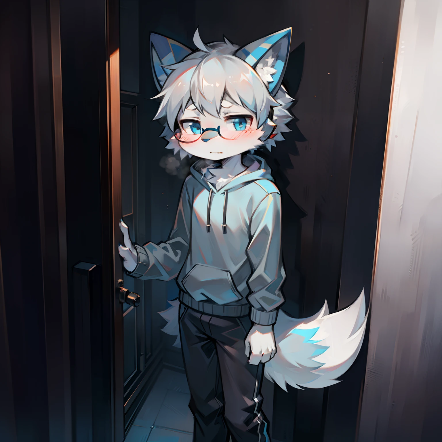 Solo, fluffy, furry male, juvenile, full body fur, gray-blue fur, white fur, gray-blue sweatshirt, gray-black trousers, silver hair, black glasses, small canine, fluffy blue tail, male, short hair, anime, colored inner hair, fang, blunt bangs, headphones, hood, mismatched pupils, one blue eye and one Other red eye, fox ears, bored, serious, depressed, anime style, against the wall, side