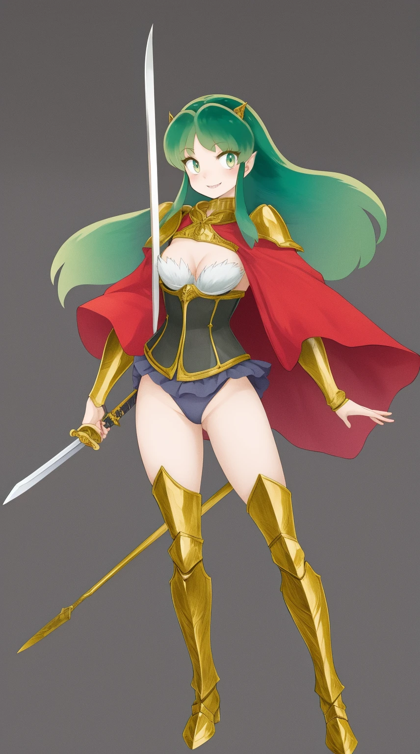 masterpiece, best quality,medieval armor, corset, breastplate,lum, , urusei yatsura, cloak, pants, pullover, kimono,martial pov,, pantyhose, sharpteeth, standing,smile, matial art, sword holding, full body, boots