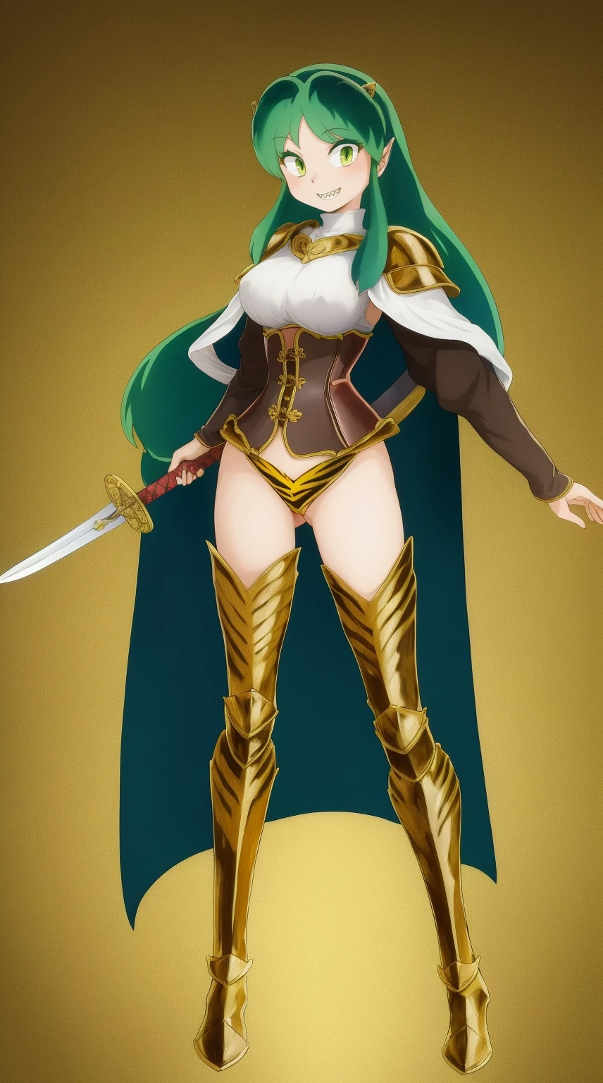 masterpiece, best quality,medieval armor, corset, breastplate,lum, , urusei yatsura, cloak, pants, pullover, kimono,martial pov,, pantyhose, sharpteeth, standing,smile, matial art, sword holding, full body, boots