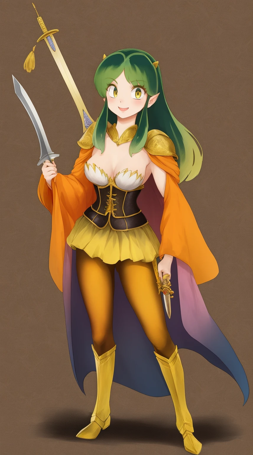 masterpiece, best quality,medieval armor, corset, breastplate,lum, , urusei yatsura, cloak, pants, pullover, kimono,martial pov,, pantyhose, sharpteeth, standing,smile, matial art, sword holding, full body, boots