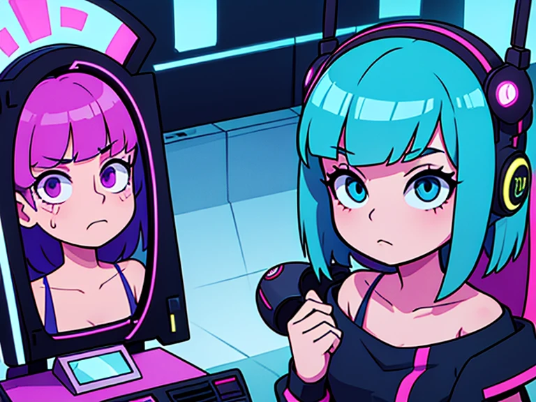 teens girl,looking in a mirror,Schizophrenia,cyber punk perssonage