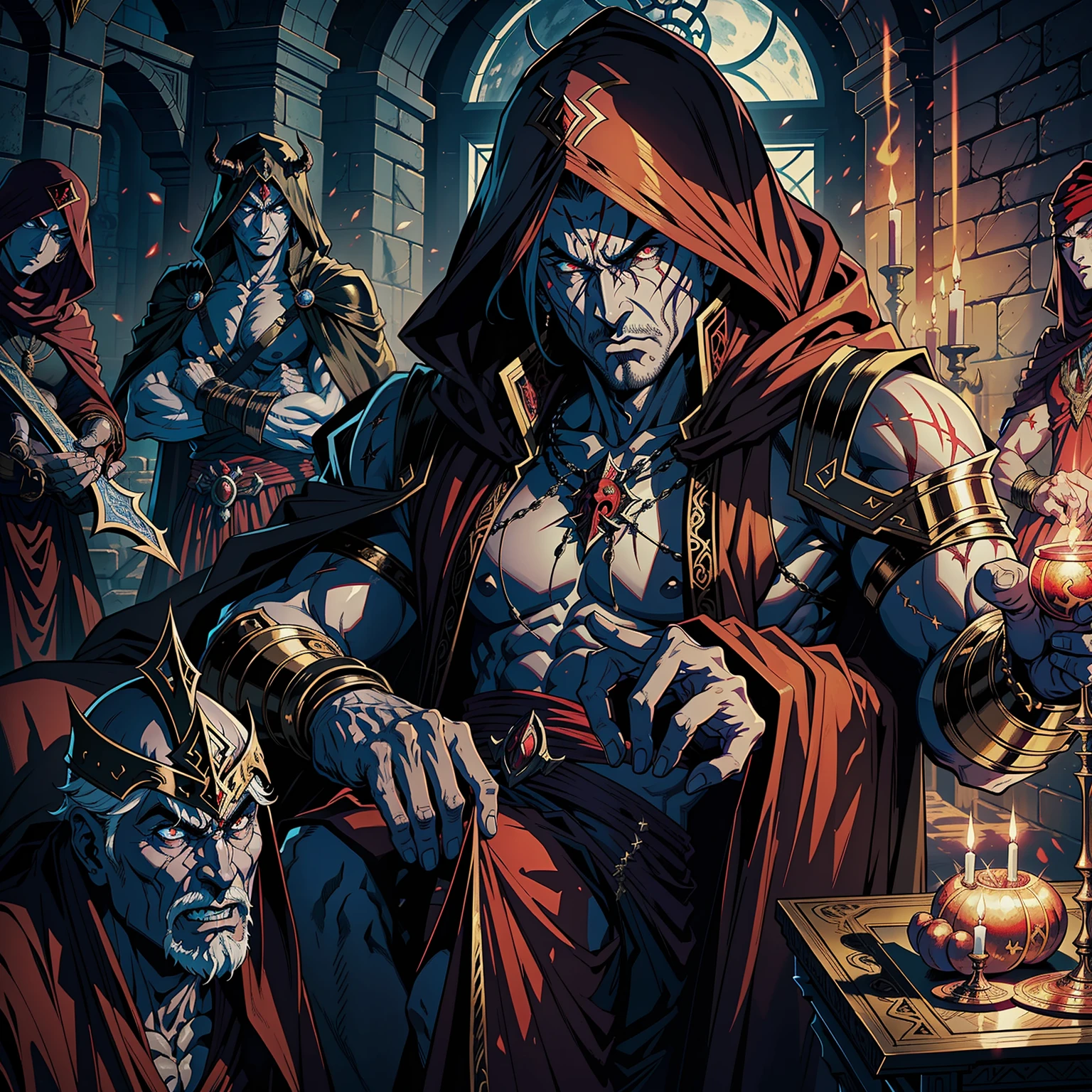 Castlevania Hyper Realistic Shadow Lord Super Detailed Dynamic Plan Master Piece of Lord Dracula Medieval Arab Warrior with Red Turban Scary Face Hokuto No Ken Structure Muscular Face Kenshiro Sitting in His Great Legendary Moroccan Throne Surrounded by Demons and Demons Talking Scrolls Cinematic Scenes Epic Movie Hyper Realistic Movie Legendary Movie Epic Movie Epic Movie