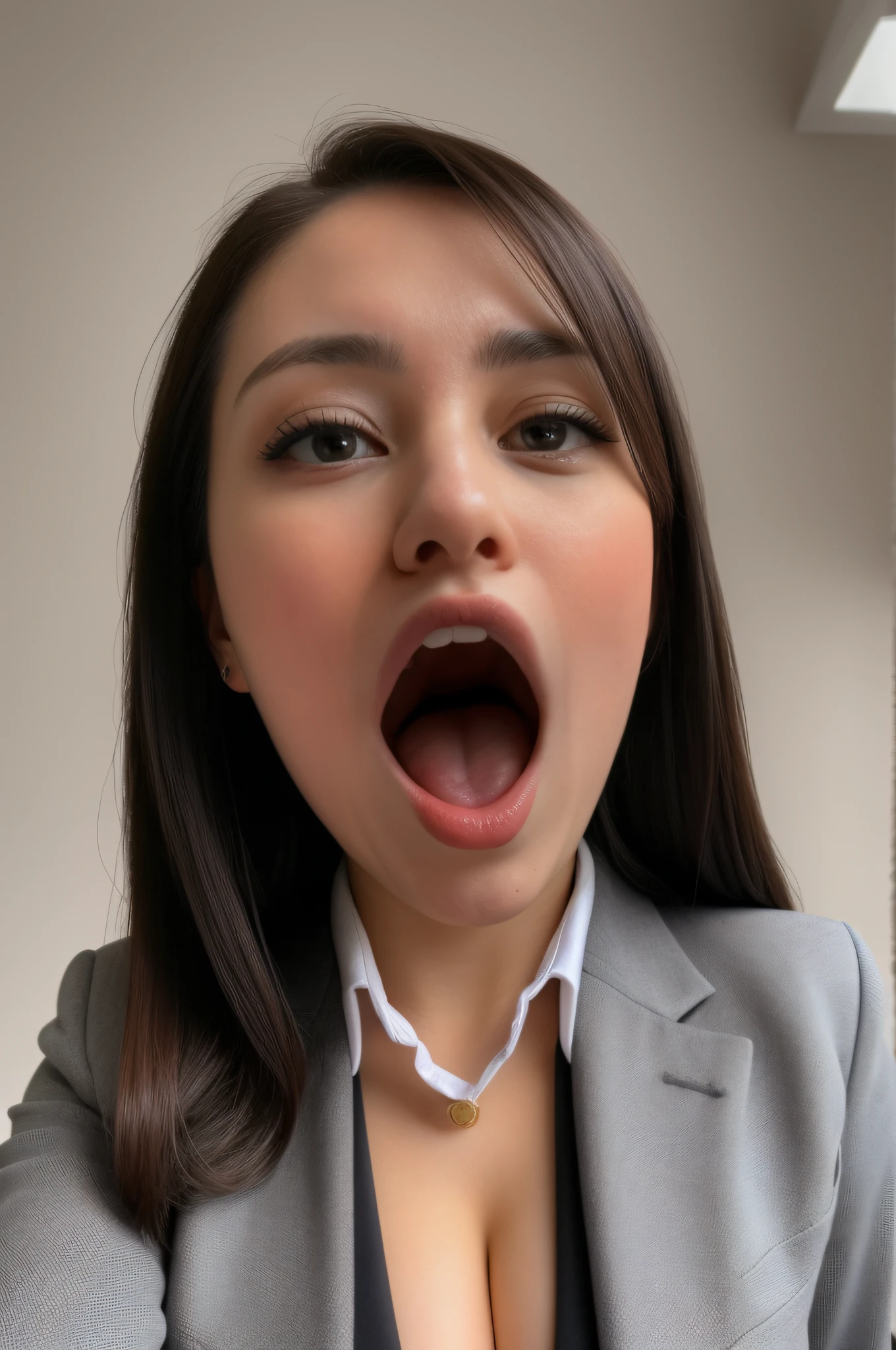 1 Girl,flying debris,,Award-winning photo, Very detailed, Edge Orgasm,Face Focus, (Open your mouth ), 30 years old、Black Hair、Shiny skin,From below、Realistic nostrils、Long and narrow nasal cavity,、Glass-walled office、(Modern interior office)、congestion、Are standing、((suit))、Big Breasts、(Sharp Nose)Frowning performance:1.4, concept,teeth,performance,facial performances,Frowning,Lift your head、very intense orgasm,frown,hyper realistic detail shiny skin,highly detailed ski,pores,real skin,