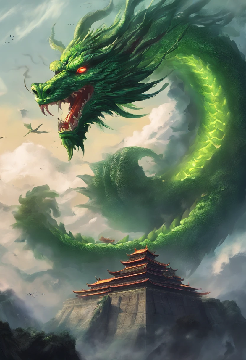 China-style,Chinese mythology,Chinese Green Dragon,tosen,Ferocious,gargantuan,The eyes glow red,Glow effects,surrounded by cloud,Thick clouds,buliding,中景 the scene is,Full body like, highly detailed surreal vfx,oc rendered,