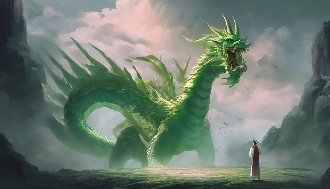 China-style,Chinese mythology,Chinese Green Dragon,tosen,Ferocious,gargantuan,The eyes glow red,Glow effects,surrounded by cloud,Thick clouds,buliding,中景 the scene is,Full body like, highly detailed surreal vfx,oc rendered,