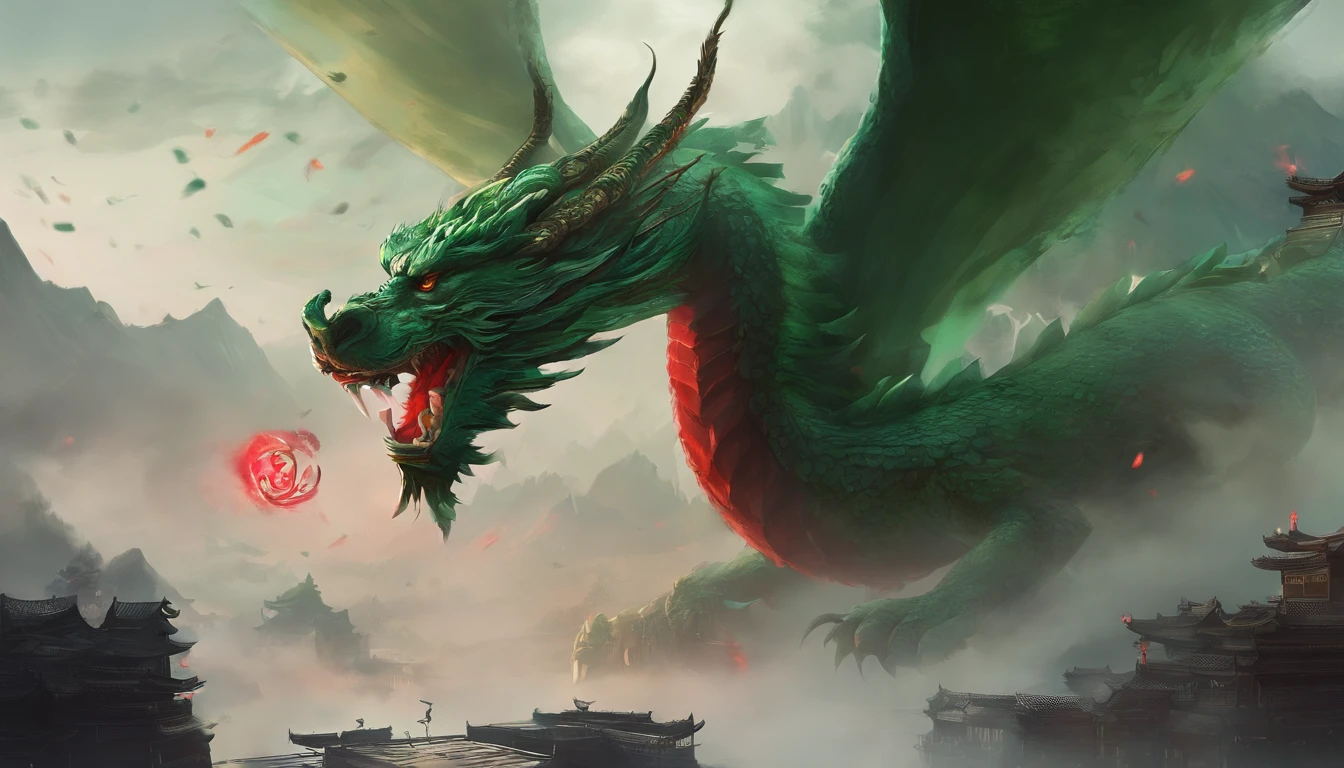 China-style,Chinese mythology,Chinese Green Dragon,tosen,Ferocious,gargantuan,The eyes glow red,Glow effects,surrounded by cloud,Thick clouds,buliding,中景 the scene is,Full body like, highly detailed surreal vfx,oc rendered,