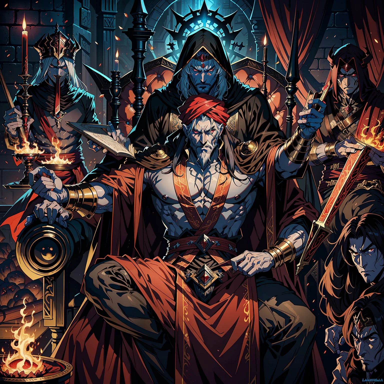 Moroccan Arab with Castlevania Turban Very muscular Shadow Lord Handsome wearing Arabian armor Very Scary Red Eyes Crystal Brilliant Hyper Realistic Super Detailed Scary Lord Dracula sitting on his great throne with his legendary Moroccan princesses next to him Read large scrolls with an angry red expression Bright Eyes Super realistic face