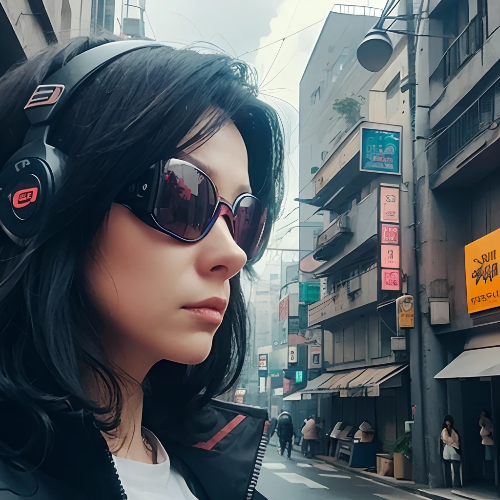 Portrait of a robot girl in virtual glasses on the background of a cyberpunk city