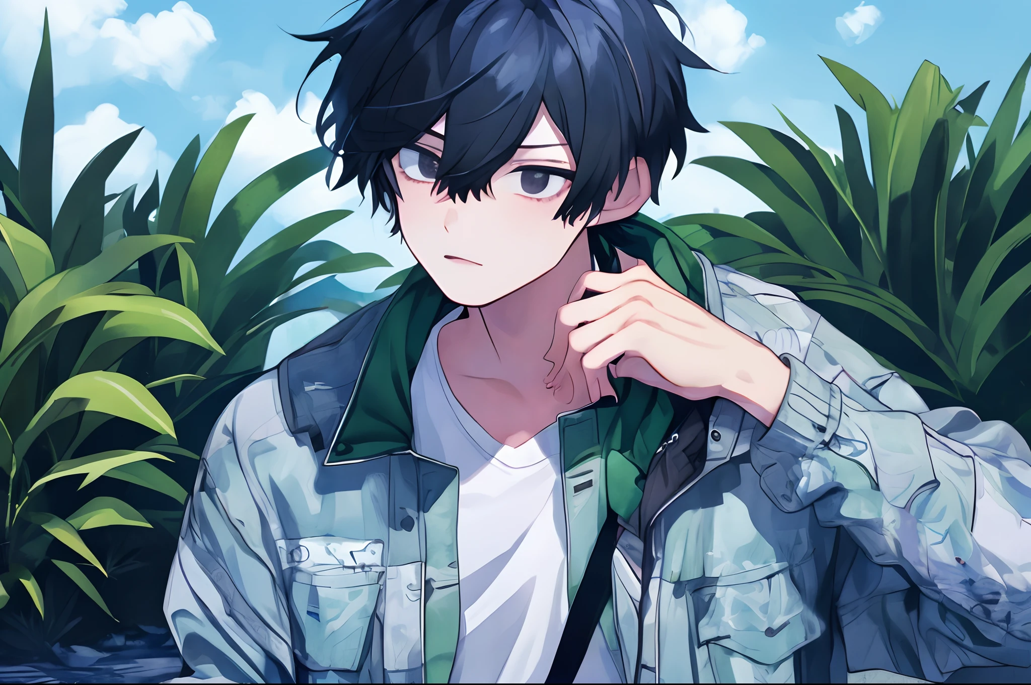 1boy,outdoors,summer,  a man with a jacket on and a jacket on and a jacket on his shoulder and a jacket on his shoulder and a jacket on his shoulder, (a manga drawing:0.283)(male_focus:0.970),(1boy:0.958), (solo:0.883), (black_eyes:0.847),  (short_hair:0.762), (jacket:0.705), (face:0.692), (plant:0.656)