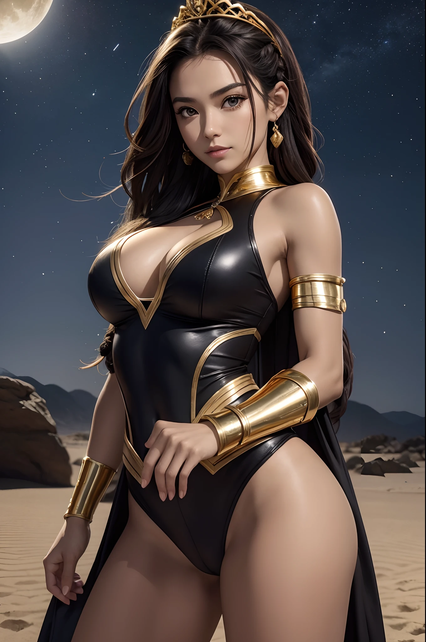 Koyuki Kato, 29 anos, bodysuit tomara que caia dourado, coxas expostas, armadura de ouro, Superheroine woman , gold armbands, Manoplas gold, colar gargantilha de douro, tiara dourada, brincos grandes de argola, faixa dourada, pose majestosa, cabelos negros, cabelos pretos, Cabelos Longos, braided hair, Curvilinear athletic body, Muscles, Ombros, ombros largos, coxas, seios, Exposed glutes, Vista lateral do corpo, olhos azuis, look-at-camera, facial expression of tenderness, Romantismo, deserto de areia, pedras, night sky, fora, raios de luz