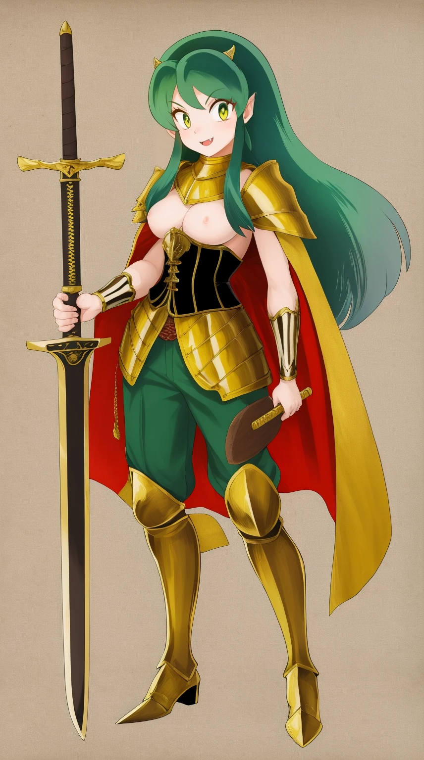 masterpiece, best quality,medieval armor, corset, breastplate,lum, , urusei yatsura, cloak, pants, pullover, kimono,martial pov,, pantyhose, sharpteeth, standing,smile, matial art, sword holding, full body, boots , pant, medium breast, pants, paladin