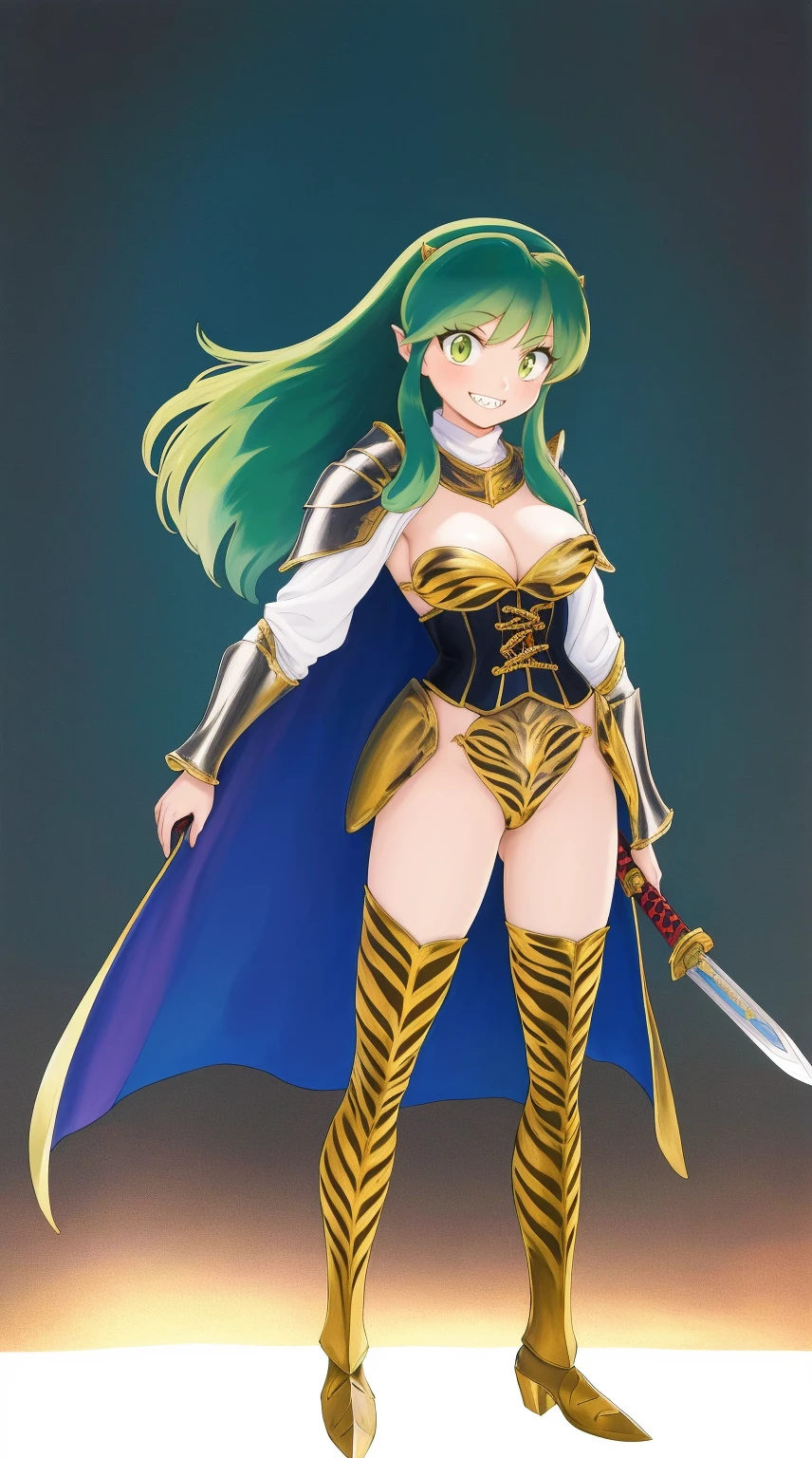 masterpiece, best quality,medieval armor, corset, breastplate,lum, , urusei yatsura, cloak, pants, pullover, kimono,martial pov,, pantyhose, sharpteeth, standing,smile, matial art, sword holding, full body, boots , pant, medium breast, pants, paladin