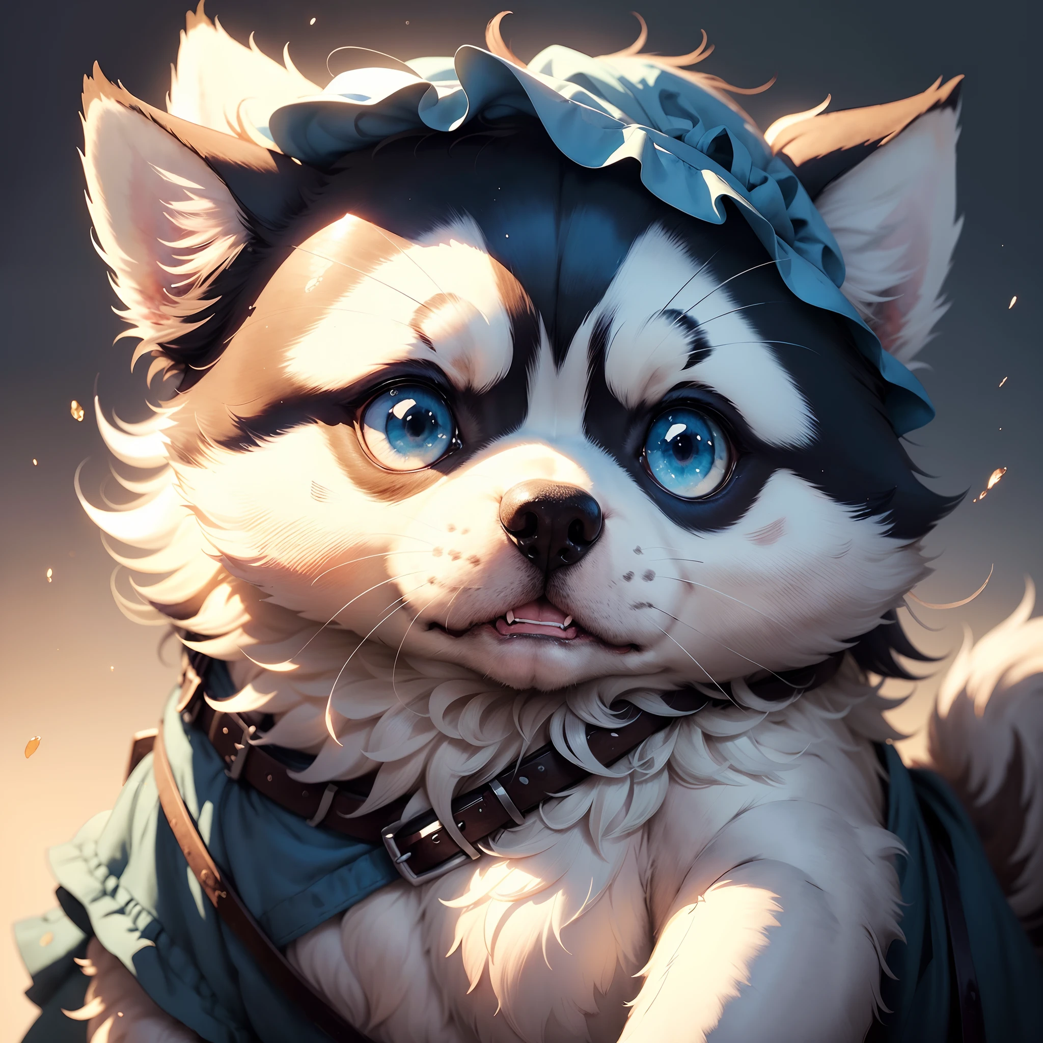 ((Best quality, 8K, Masterpiece: 1.4)),((Amazing detail: 1.3)),((Watercolor illustration: 1.2)),((high resolution: 1.1)),Thick painting style,(Critters),1 dog,Blue solid background,in style of ghibli,head portrait,Anime avatar,Huskies,Grim expression,sharp look,Beautifully detailed dogs,structurally correct,フォトリアリスティック,Delicate hair,Photo art