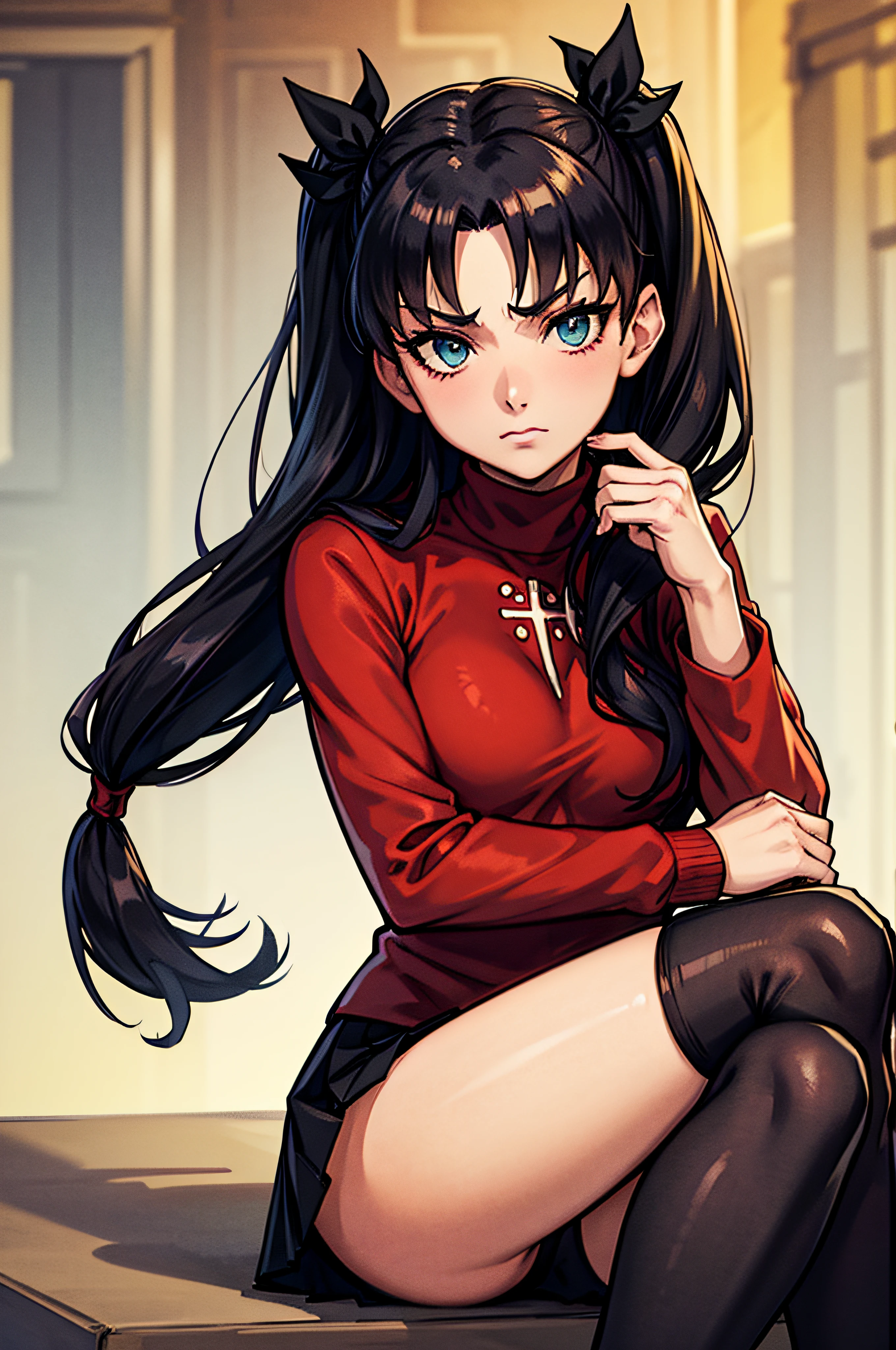 (masterpiece), best quality, expressive eyes, perfect face, 1girl, solo, rintohsaka, rin tohsaka, aqua eyes, black hair, hair ribbon, long hair, ribbon, sidelocks, two side up, black skirt, black thighhighs, long sleeves, miniskirt, pleated skirt, ((red sweater)), skirt, sweater, thighhighs, turtleneck, city background, sitting, character sheet, upper body, portrait, looking at viewer