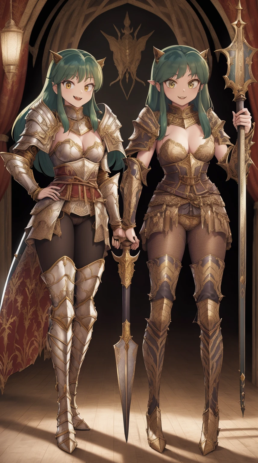 masterpiece, best quality,medieval armor, corset, breastplate,lum, , urusei yatsura, cloak, pants, pullover, kimono,martial pov,, pantyhose, sharpteeth, standing,smile, matial art, sword holding, full body, boots , pant, medium breast, pants, paladin