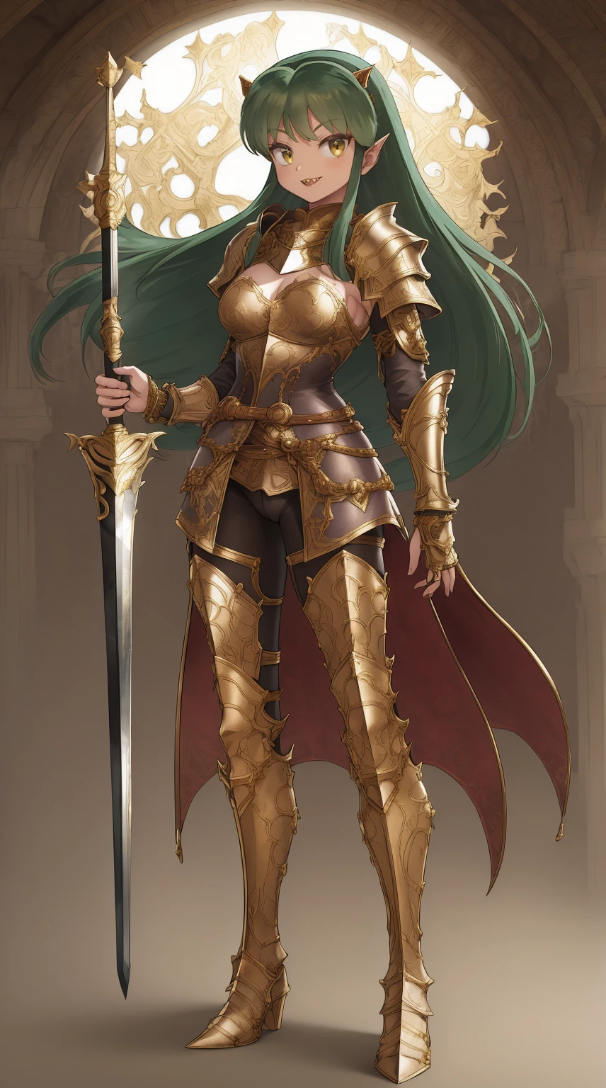 masterpiece, best quality,medieval armor, corset, breastplate,lum, , urusei yatsura, cloak, pants, pullover, kimono,martial pov,, pantyhose, sharpteeth, standing,smile, matial art, sword holding, full body, boots , pant, medium breast, pants, paladin