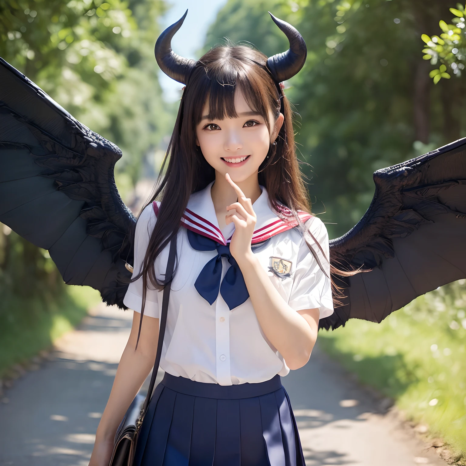 (((Masterpiece、top-quality、Depiction of the most intricate and detailed details)))、(Her eyes glow red)、((1 schoolgirl、Wearing a sailor suit、School Sailor Uniform、Perfect sailor suit、Red ribbons、Navy skirt))、((Huge and intricate demon wings,Wings with a very elaborate texture,Wings with a very complex texture,Creature wings with a very realistic texture,Wings of a terrifying monster,Big Devil's Horn,Realistic and big horns,Creepy horns,Horns with a very elaborate texture、、((The background is the route to school、Walking along the school route surrounded by greenery、Walking the Road to School))、8K,An ultra-high picture quality,The most beautiful idol faces,Mature face、The biggest smile looking at the camera、美丽的面容、Beautiful white teeth、natural make up、Natural bright lighting