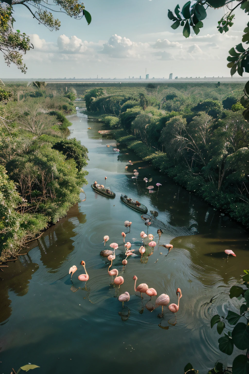 flamingos, thane creek, bird eye view, wide, cartoon, mangrove forest