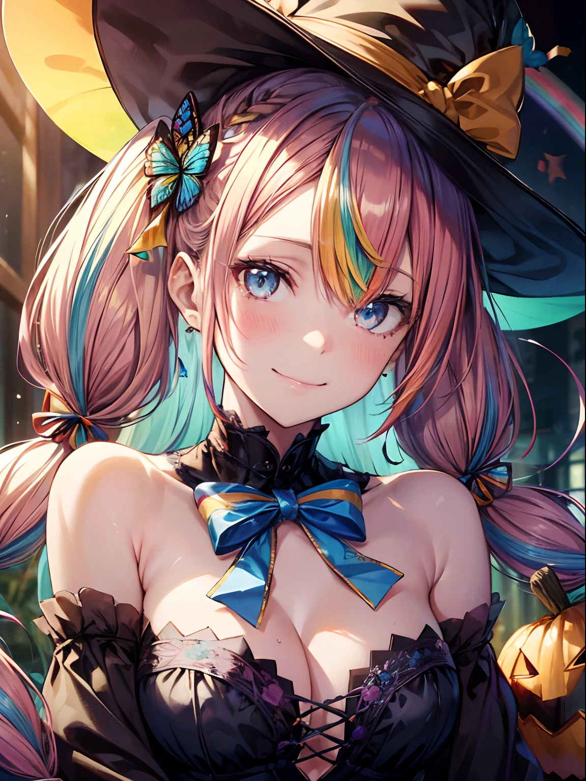 (masutepiece:1.3), (8K, Photorealistic, Raw photo, Best Quality: 1.4), Beautiful face, (Realistic face), Beautiful detailed eyes, (Realistic skin), Attractive, Intricate details,Golden ratio, 1 girl,Naughty smile, (rainbow hair:1.4),((Long twintails,Ribbon 1.4)),Halloween Cosplay,(Blue butterfly hair ornament),cleavage,Dynamic Pose,Dynamic Angle,Intricate details, Hyper realistic、only face、A smile、Smiling、Face enhancement、Happy halloween、Halloween Events,