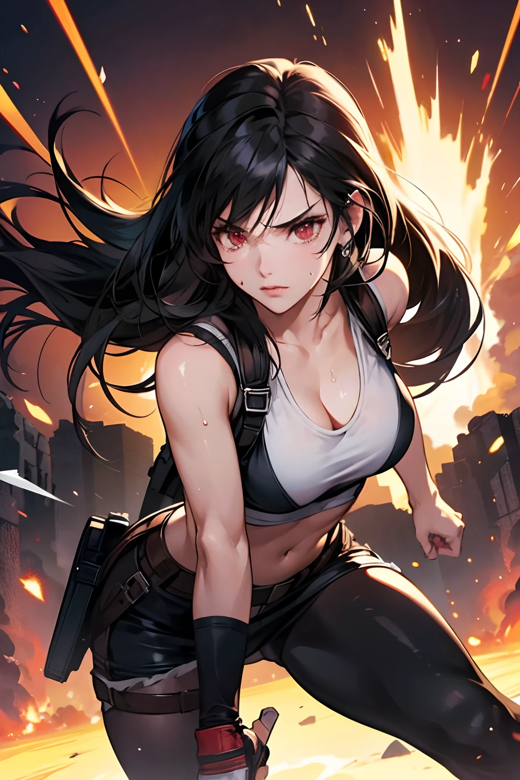 tifa lockheart, sweat, extreme eye detail, anime 4k wallpaper, ultra sharp, fierce aura, best lighting