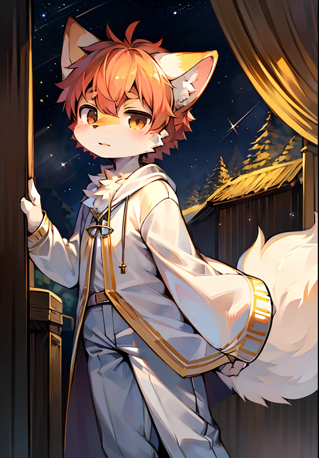 (Bright Environment: 0.8), Masterpiece, High Quality, Abstract Res, Digital Painting\(Artwork\), by Dagasi, Yupa, Kiyosan, (Anthro, Fluffy Fur, Character Focus: 1.1), Anthro Male Cat, Short Hair, Portrait , bright eyes, panorama, character focus. (Detailed background: 0.7), Furry, Furry male, Male focus, Anthr, (full body fur, big fluffy tail, white fur, black eyes: 1.2), (long canine, junior high school student, pure white robe, white trousers, white top: 1.2), (night, starry sky, shooting stars, lots of golden dots, starry sky: 1.1)
