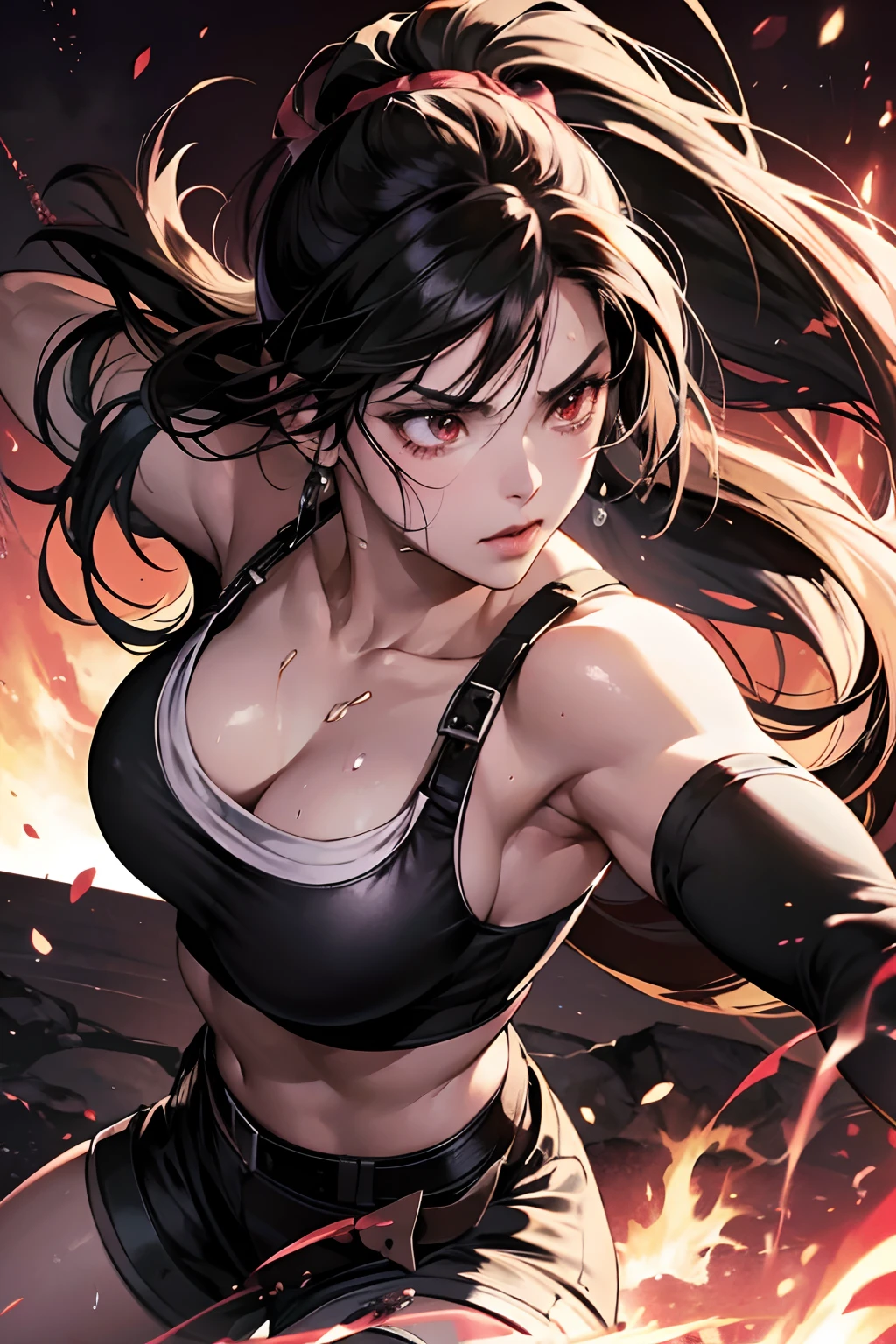 Sweating, Lara Croft, blood everywhere, Lara Croft covered in blood, looking at viewer psychotically, creepy smirk, side view, toned muscles,