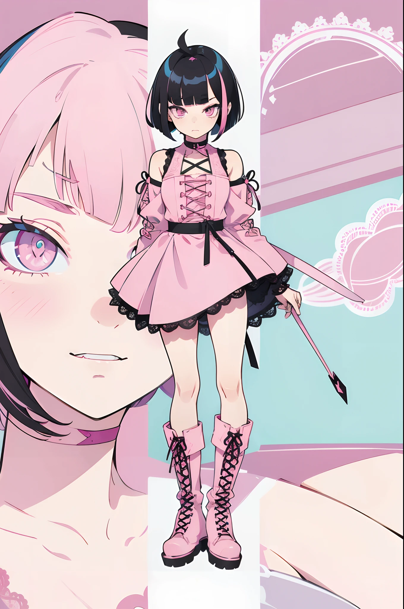 flat design, material design, deformed pop art, Adobe Illustrator, anime character, asymmetric art, one girl, full shot, jiraikei fashion, black hair, bobbed hair, (asymmetric bangs:1.5), fancy decoration, (pink lace-up boots:1.3).