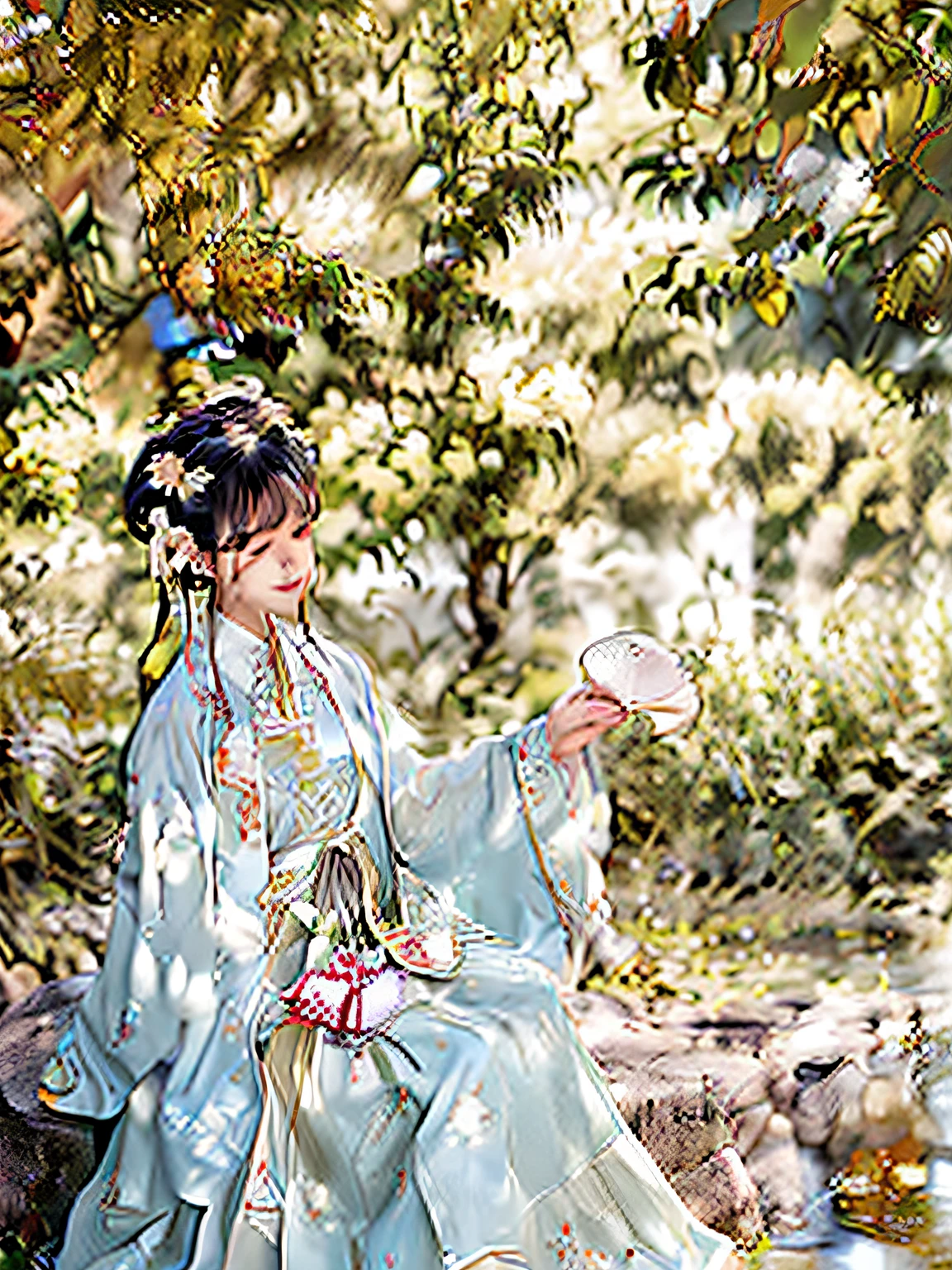 there is a woman sitting on a bench with a fan, tea drinking and paper lanterns, Chinese traditional, Inspired by Seki Dosheng, with paper lanterns, girl under lantern, inspired by Xie Sun, chinese artist, inspired by Ni Duan, Chinese style, inspired by Chen Daofu, inspired by Gong Xian, Inspired by Xie He, inspired by Ye Xin