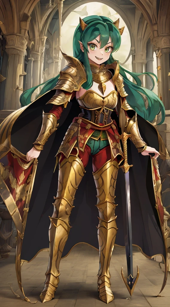 masterpiece, best quality,medieval armor, corset, breastplate,lum, , urusei yatsura, cloak, pants, pullover, kimono,martial pov,, pantyhose, sharpteeth, standing,smile, matial art, sword holding, full body, boots , pant, medium breast, pants, paladin