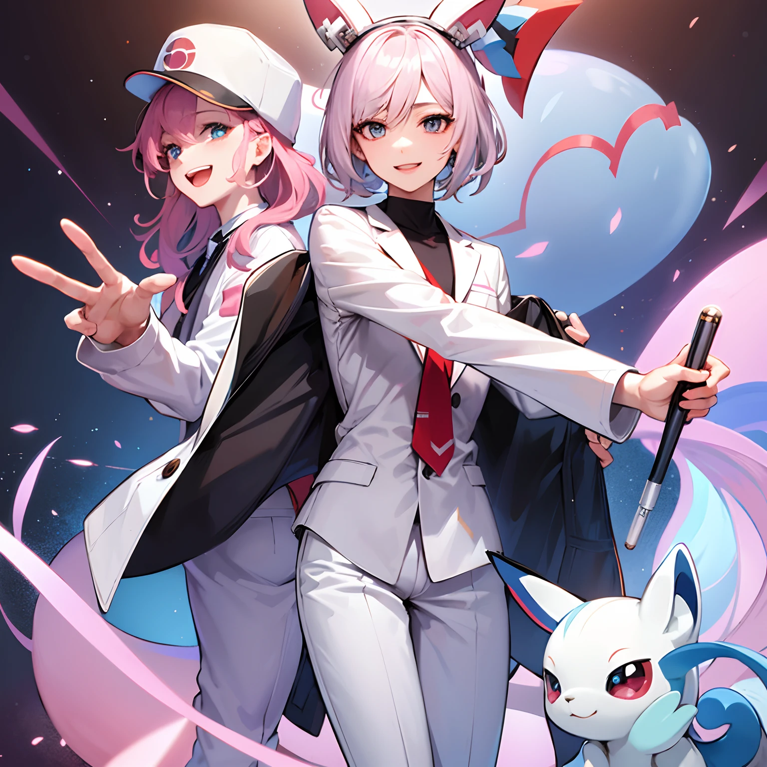 (masterpiece), best quality, expressive eyes, perfect face, androgynous character, lab coat, holding pokeball, smiling, sylveon by their side