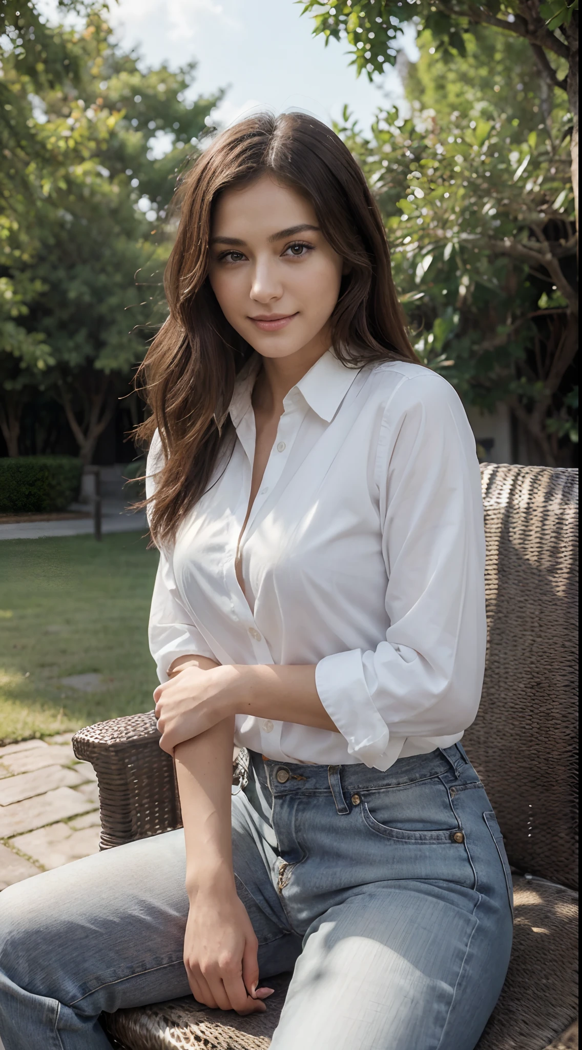 (masterpiece:1.3), (8K, Photorealistic, RAW images, best quality: 1.4), Japan, beautiful face, (Realistic faces), (medium hair:1.3), Beautiful hairstyle, Real eyes, beautiful eyes, (genuine leather)  , beautiful skin, attractive, Ultra-high definition, hyper-realistic, High resolution, Business lady, Midnight Park, Sitting on the couch, Sit with your groin open, When you see viewers, smiling, white shirt, pants,