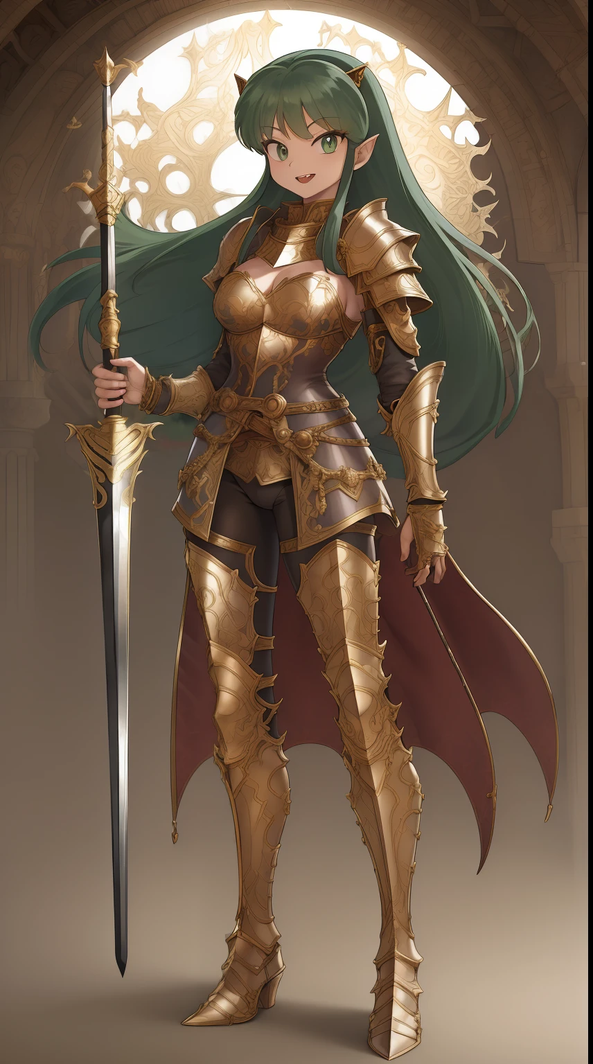 masterpiece, best quality,medieval armor, corset, breastplate,lum, , urusei yatsura, cloak, pants, pullover, kimono,martial pov,, pantyhose, sharpteeth, standing,smile, matial art, sword holding, full body, boots , pant, medium breast, pants, paladin