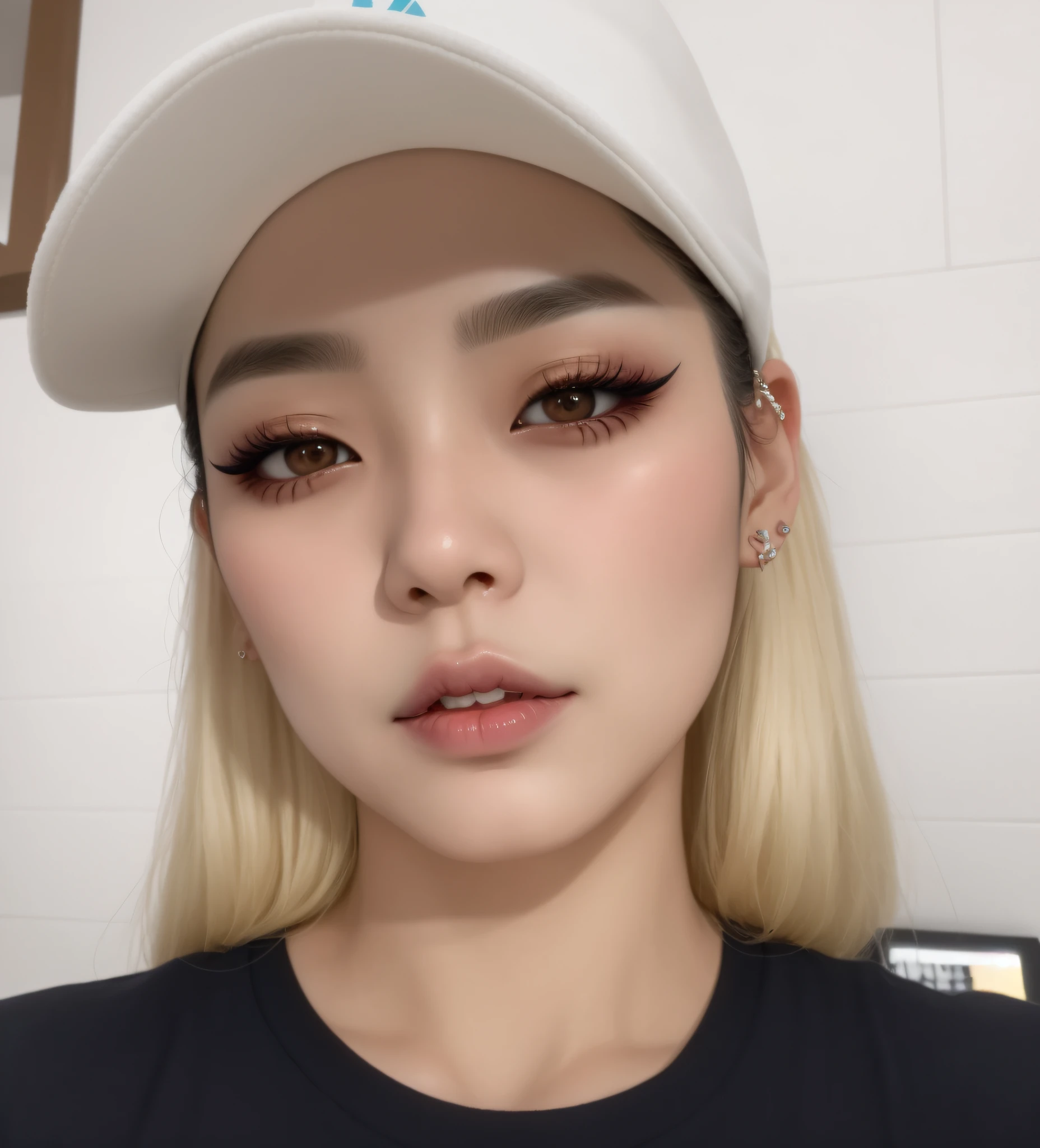Un primer plano de una mujer con un piercing en la nariz, Cara sexy con maquillaje completo, Korean symmetrical face, cruel korean goth girl, Rasgos de la cara coreana, maquillaje popular de Corea del Sur, con tatuaje facial, maquillaje pesado, maquillaje coreano popular, small lips pointy nose, mirada aterradora, detailed face of a asian girl, Cara de Ahegao, maquillaje pesado