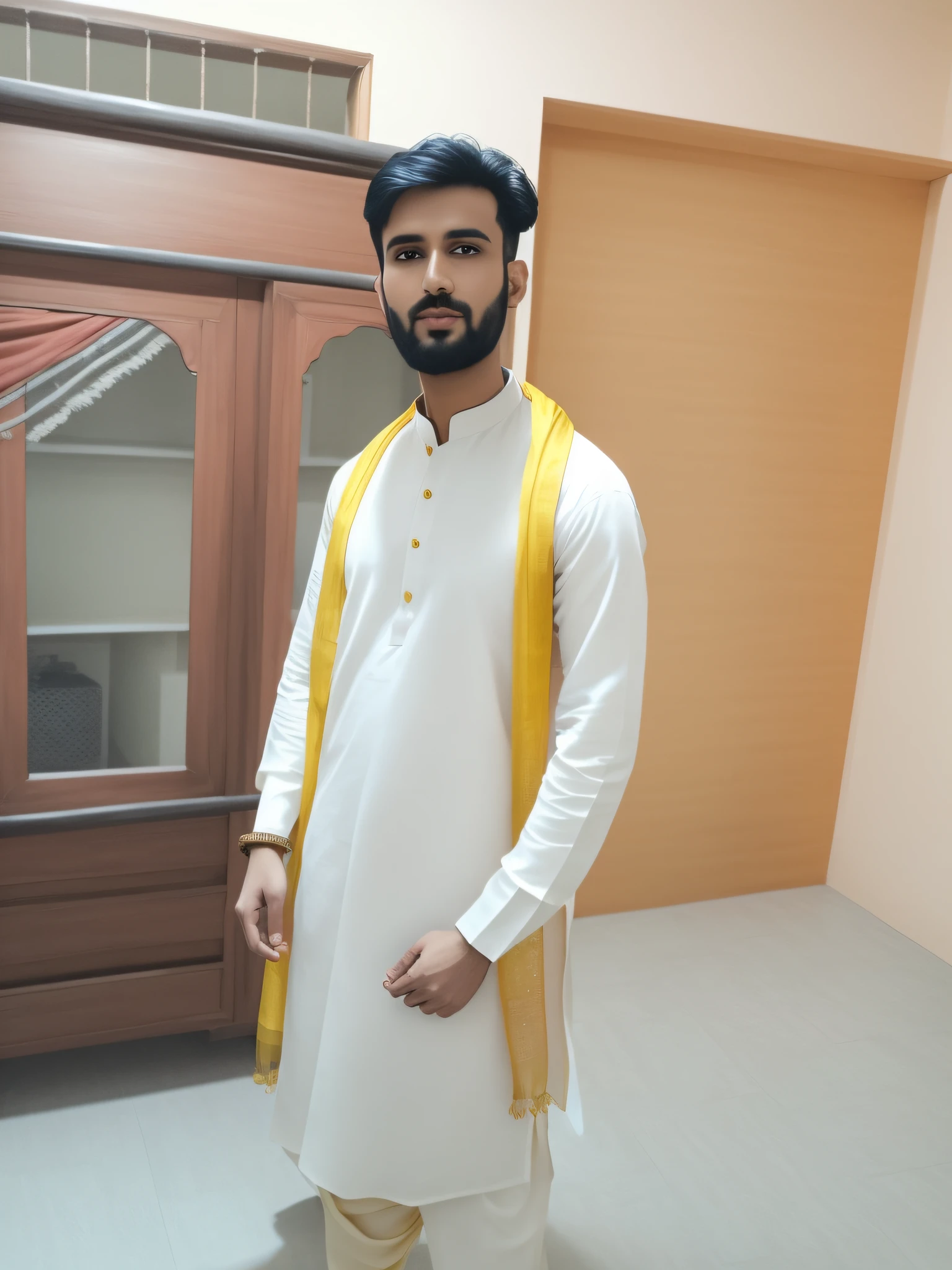 there is a man standing in a room with a yellow scarf, wearing a kurta, wearing traditional garb, wearing a silk kurta, with yellow cloths, dressed with long fluent clothes, very very low quality picture, full body picture, khyzyl saleem, kyza saleem, very clear picture, traditional clothes, handsome man background like Cyberpunk