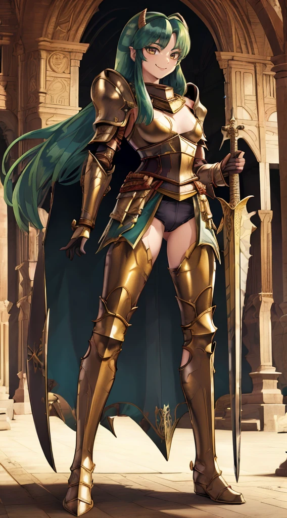 masterpiece, best quality,medieval armor, corset, breastplate,lum, , urusei yatsura, cloak, pants, pullover, kimono,martial pov,, pantyhose, sharpteeth, standing,smile, matial art, sword holding, full body, boots , pant, medium breast, pants, paladin, pulover