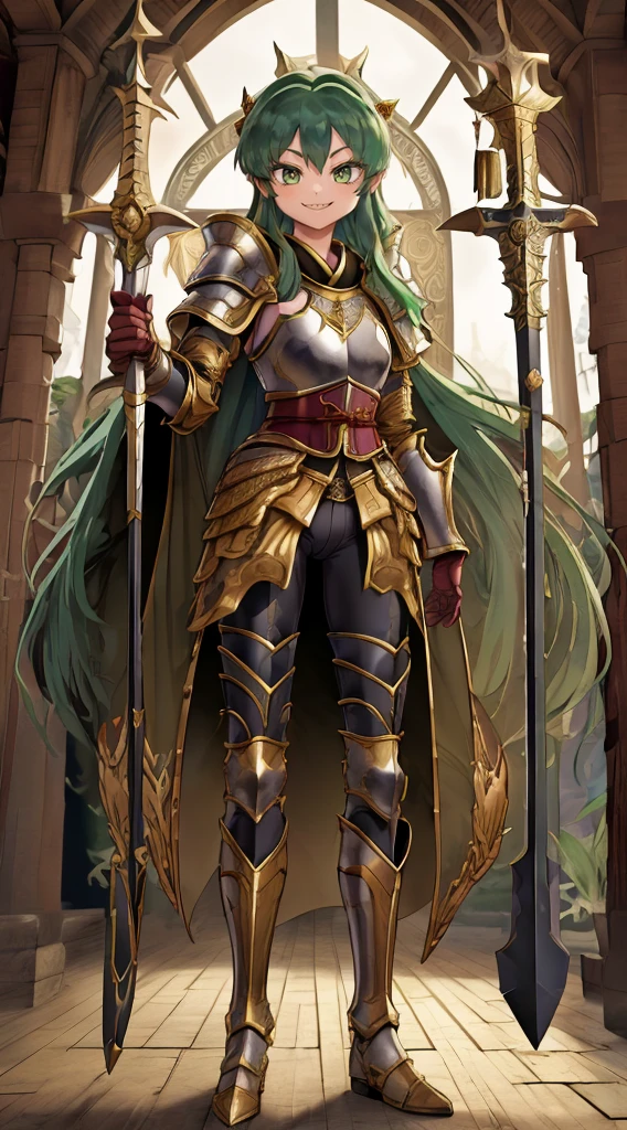 masterpiece, best quality,medieval armor, corset, breastplate,lum, , urusei yatsura, cloak, pants, pullover, kimono,martial pov,, pantyhose, sharpteeth, standing,smile, matial art, sword holding, full body, boots , pant, medium breast, pants, paladin, pulover