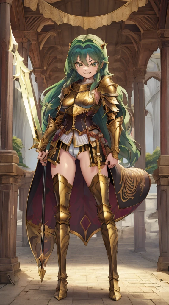 masterpiece, best quality,medieval armor, corset, breastplate,lum, , urusei yatsura, cloak, pants, pullover, kimono,martial pov,, pantyhose, sharpteeth, standing,smile, matial art, sword holding, full body, boots , pant, medium breast, pants, paladin, pulover