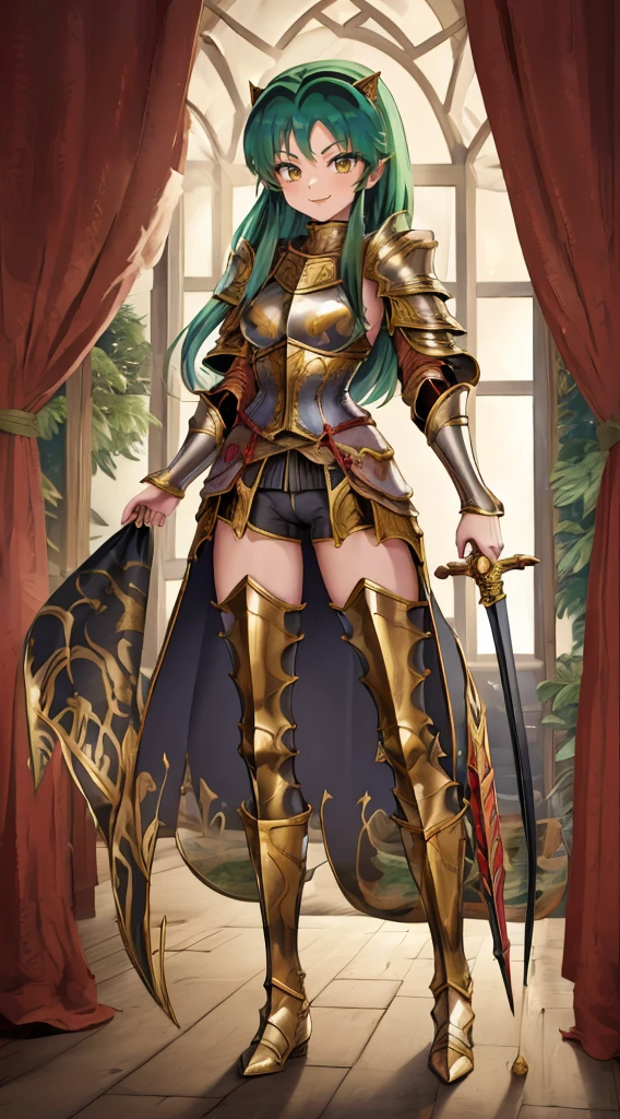 masterpiece, best quality,medieval armor, corset, breastplate,lum, , urusei yatsura, cloak, pants, pullover, kimono,martial pov,, pantyhose, sharpteeth, standing,smile, matial art, sword holding, full body, boots , pant, medium breast, pants, paladin, pullover