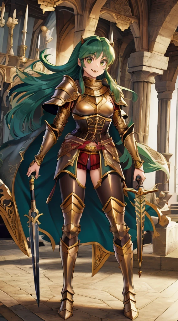 masterpiece, best quality,medieval armor, corset, breastplate,lum, , urusei yatsura, cloak, pants, pullover, kimono,martial pov,, pantyhose, sharpteeth, standing,smile, matial art,, full body, boots , pant, medium breast, pants, pullover,martial pov,god rays, ray tracing, sparkle, cinematic lighting, UHD, retina, masterpiece, ccurate, anatomically correct, textured skin, super detail, high details, high quality, award winning, best quality, highres, 1080P, HD, 4K, thunder aura, light aura