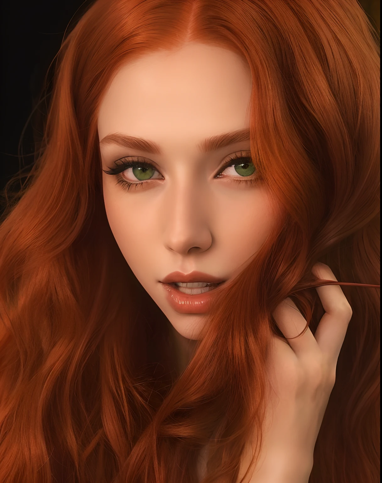 a close up of a woman with long red hair, with red hair and green eyes, red hair and attractive features, white skin and long fiery hair, flowing ginger hair, copper renata valliulina as leeloo, curly copper colored hair, fierce - looking, reddish gold hair, ginger wavy hair, sultry look, long glowing red hair,Renata ri,riww