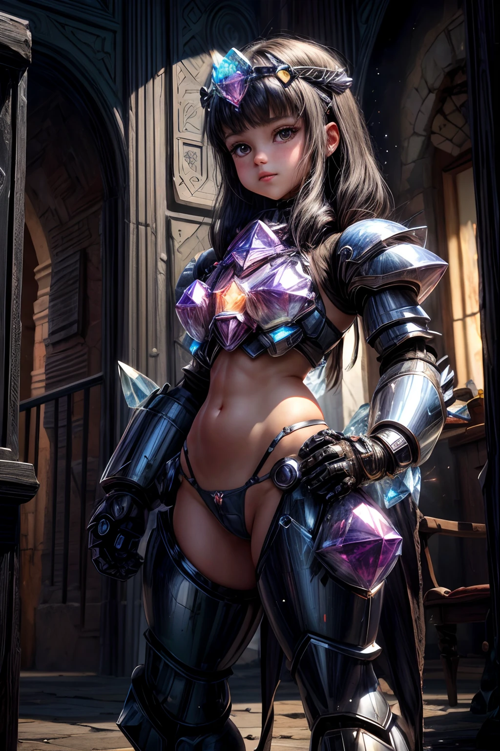 beautiful , ((crystal power armor)), belly button, open shoulders, power knuckles, the perfect body, ((crystal little thongs)), crystal hair