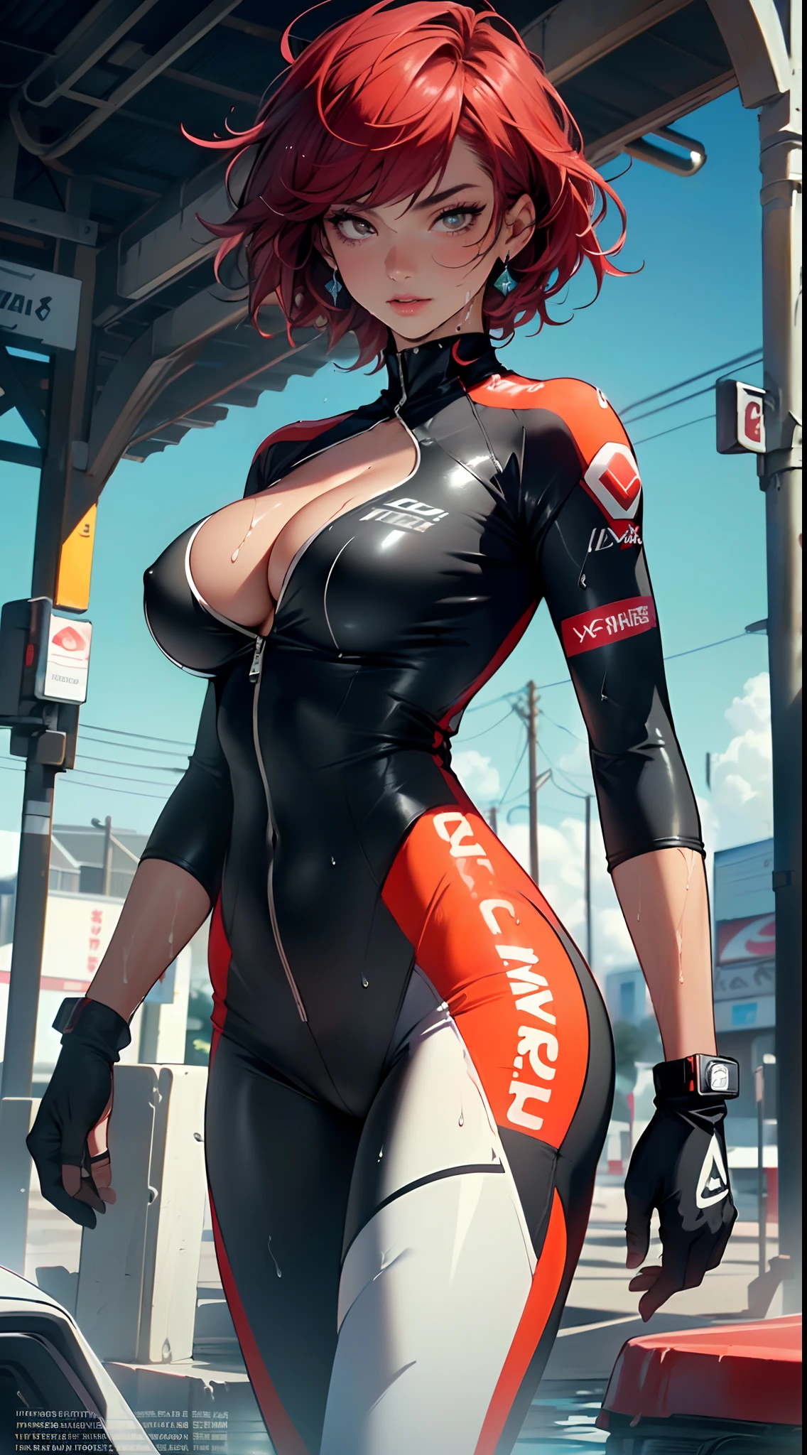 Motorcycle girl holding a motorcycle helmet in her hand,(1girll: 1.3),((1 black girl with extremely cute and beautiful red hair)),((((Black race)))),
(Big breasts: 1.4),Sagging breasts,(((Short red hair: 1.35,croped,Redhead,Very short hair))),((Heterochromia:1.5, (Orange_Eyes and red_eye))),intricately detailed eyes,Beautiful detailed eyes,Symmetrical eyes,(Fat),((((Conque,Dark skin,Black skin:1.35,dark-skin_Female,Dark skin:1.3,ebony skin,Glossy glossy skin:1.5,Bright Skin: 1.5,Shiny skin,very shiny skin,shining body,brightskin,Wet legs)))),(spider lower abdomen,Narrow waist,Wide buttock ,atheletic body,inflated legs,Delicate and delicate fingers,Detailed body,(Detailed face)),((muscle leg)),((Muscular thighs)),((Muscular girl)),((strong and muscular,body builder,Strong body,Muscular,female and muscular)),((Abs)),(Huge stature,Tall stature,Very tall girls),
(Racing Wear: 1.3,Unbutton your suit),(((Racing clothes))),(((Huge cleavage))),((Wet clothes,intricate outfits,intricate clothes)),
(Dynamic pose:1.0),Embarrassed,(Centered,scale to fit the dimensions,Rule of thirds),
Seaside cyberpunk city at night, There are bright neon lights and dark storm clouds and puddles, scenery:1.25,
artsy photography,(photography of:SLDR),A high resolution, Sharp focus, (Ultra detailed, Extremely detailed), (realistic artwork:1.37),(Extremely detailed Cg Unity 8K wallpaper),((Synthetic wave background theme)),(((Vibrant colors))),(intricate background),(Masterpiece),(Best quality),