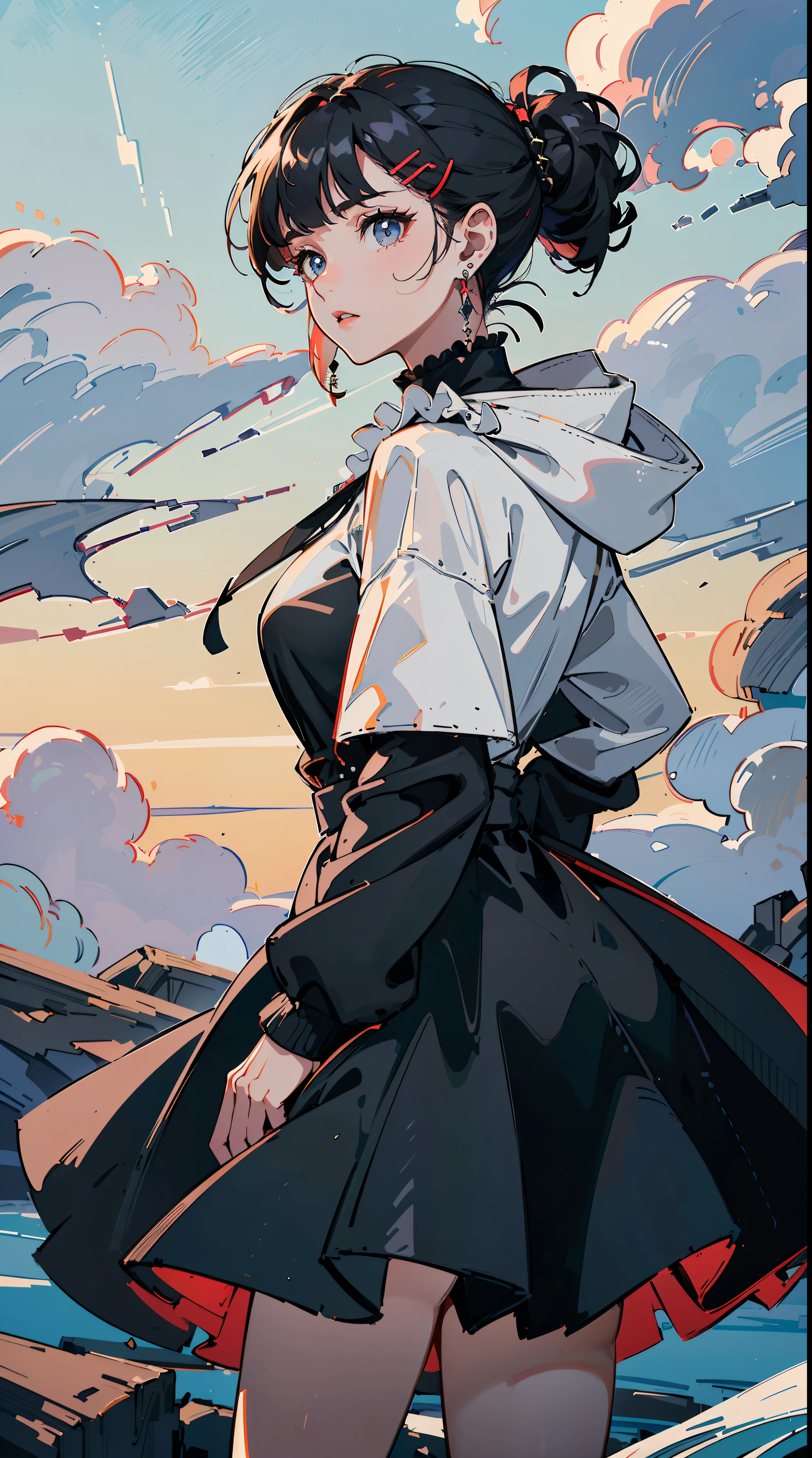 ((((frills,large black hoodie,))))((hands in pockets,))(Masterpiece illustration,Beautiful and aesthetic:1.2,head up,aim to sky), Best quality,Top quality, Epic quality,((((nature,on a floating ice ,outdoor,cloudy,))))(blue moonlight,moon glare, god light, from above:1.3,))Neat face,underage,mature,Beautiful detailed hair,scarlet hair,hyper HD, retinas, Textured skin, A high resolution, 16k ,((hairclip,blunt bangs,sidelocks,short hair,natural curly hair,updo,knot top)),Detailed face, 1JK, lady,Solo, Perfect face, Very amazing girl,((covered by thin translucent cloth,skindentation,high waist skirt,black hybrid white coat,large cloak,metal earrings,spiral earrings)),rim-light