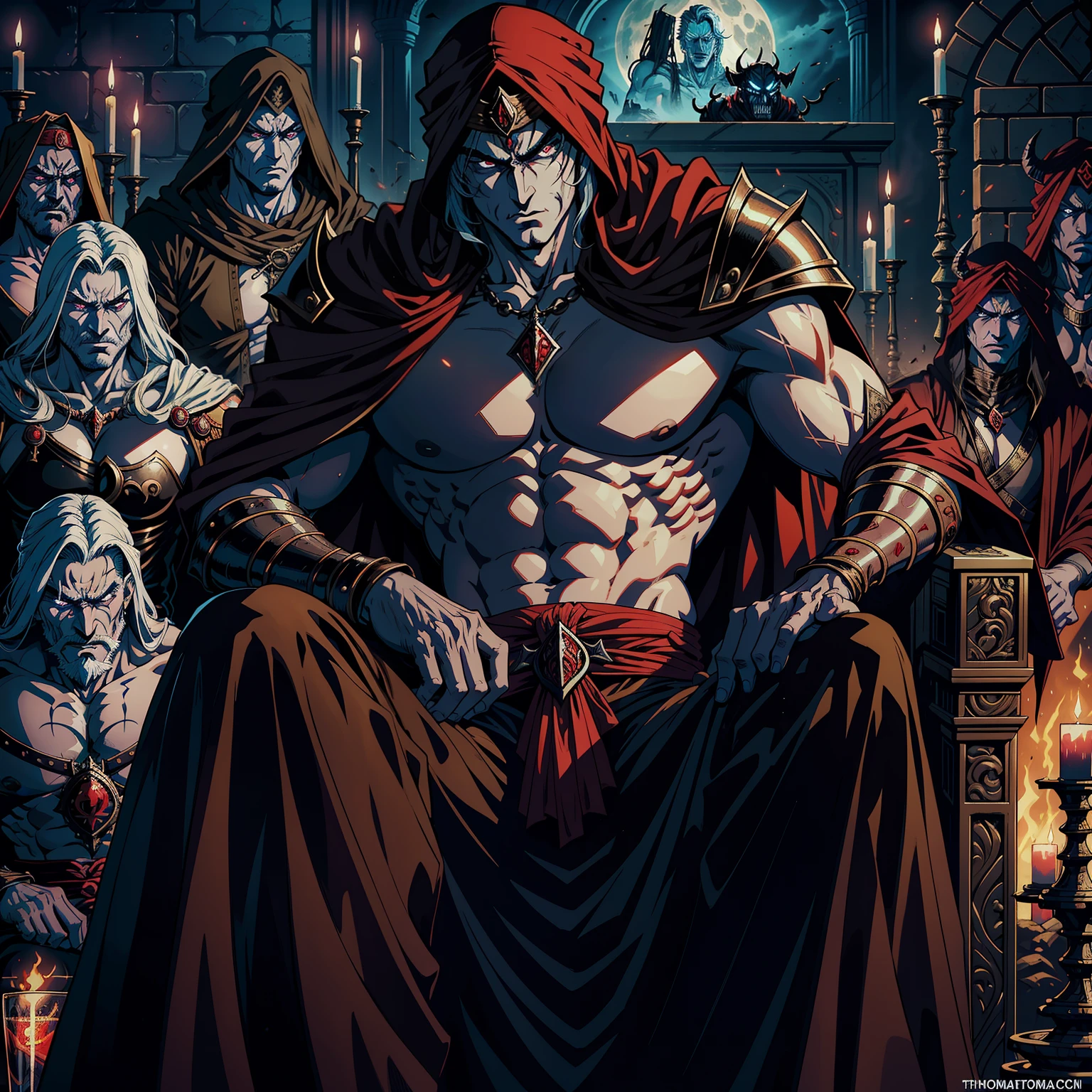 Castlevania Hyper Realistic Shadow Lord Super Detailed Dynamic Plan Master Piece of Lord Dracula Medieval Arab Warrior with Red Turban Scary Face Hokuto No Ken Structure Muscular Face Kenshiro Sitting in His Great Legendary Moroccan Throne Surrounded by Demons and Demons Talking Scrolls Cinematic Scenes Epic Movie Hyper Realistic Movie Legendary Movie Epic Movie Epic Movie