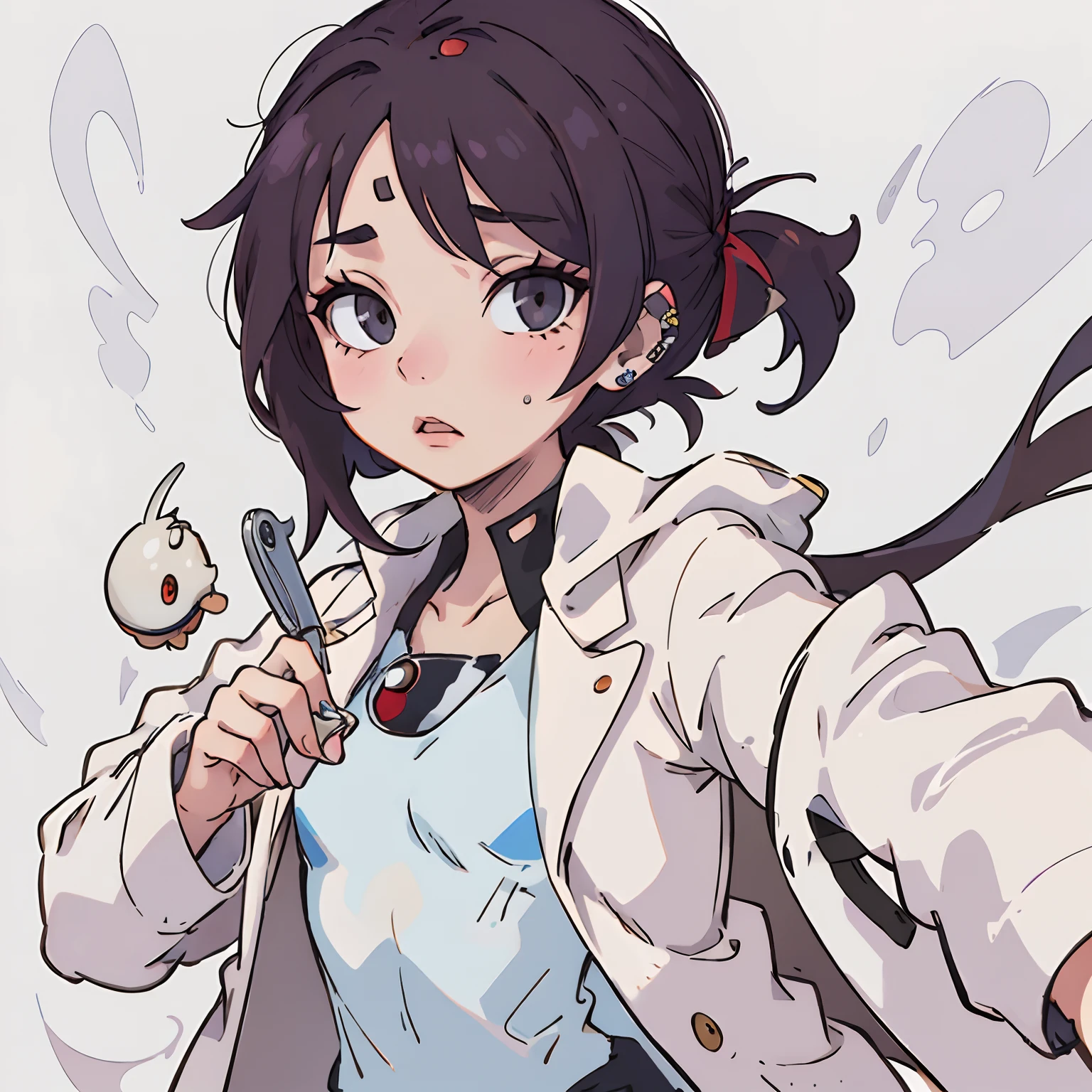 (masterpiece), best quality, expressive eyes, perfect face, girl, androgynous charactee, holding pokeball, labcoat, lip piercing, brunnet