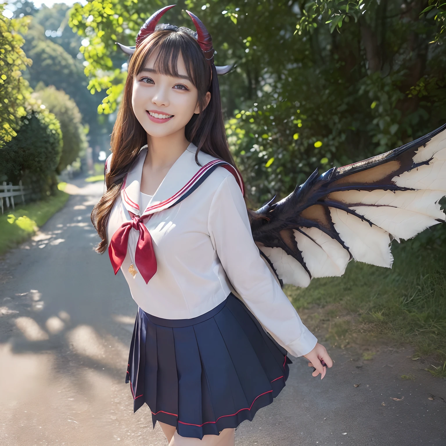 (((masutepiece、top-quality、Depiction of the most intricate and detailed details)))、((1 girl、Wearing a sailor suit、School Sailor Uniform、Perfect sailor suit、Red ribbons、Navy skirt))、((Huge and intricate demon wings,Wings with a very elaborate texture,Wings with a very complex texture,Creature wings with a very realistic texture,Wings of a terrifying monster,Big Devil's Horn,Realistic and big horns,Creepy horns,Horn with a very elaborate texture、、((The background is the route to school、Walking along the school route surrounded by greenery、Walking on the way to school))、8K,An ultra-high picture quality,The most beautiful idol faces,Mature Face、The biggest smile staring at the camera、美丽的面容、Beautiful white teeth、natural make up、Natural bright lighting